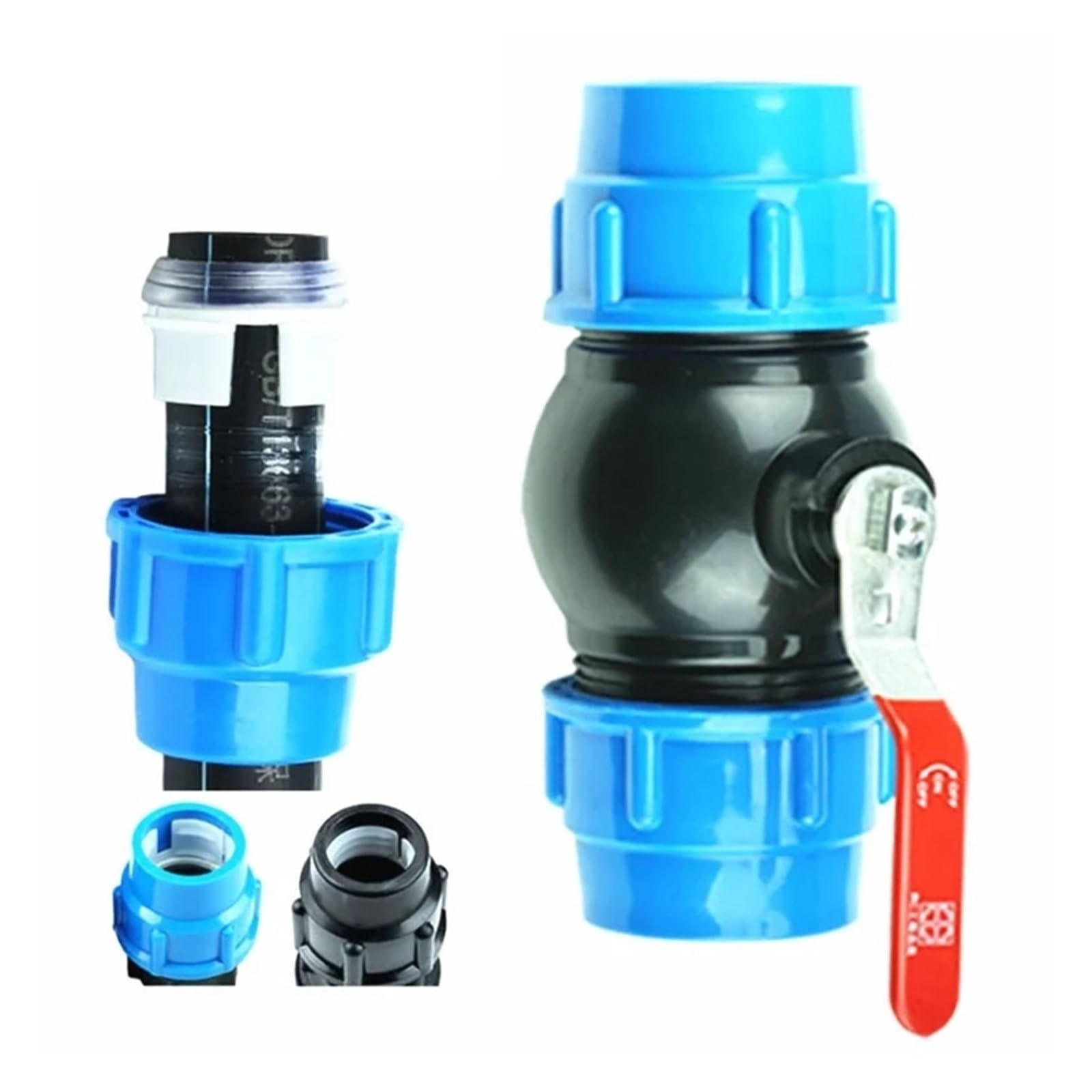 Divisor de agua del grifo de tubo de PE, Conector de válvula de bola rápida de plástico, accesorios de tubería de agua for riego de jardín y agricultura, 20/25/32/40/50mm(Blue,63mm)