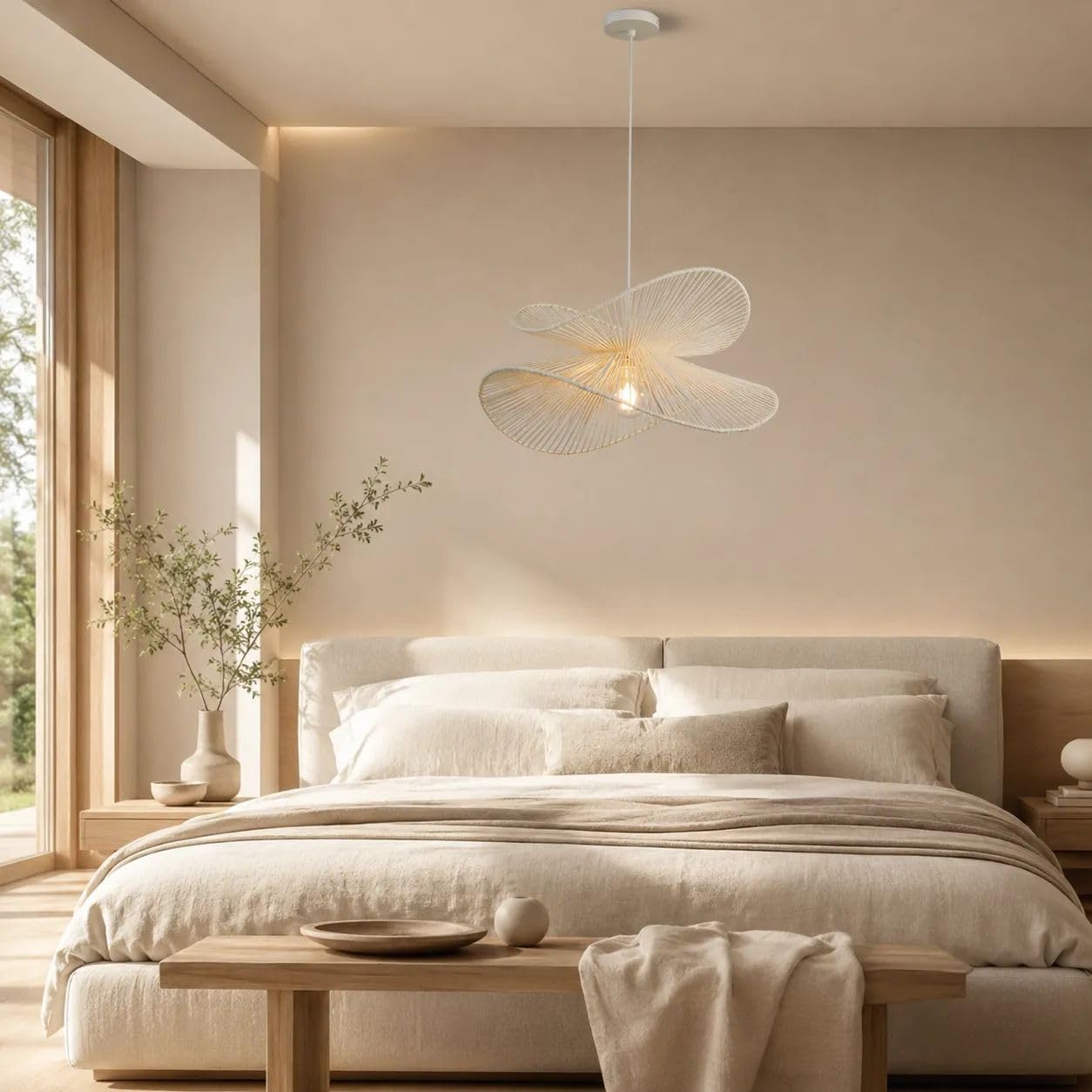 Lampadario Rattan E27 Sospensione Boho Japandi | Cavo Regolabile 100-1000 mm | Design Intrecciato a Doppio Livello | Lampada a Sospensione per Soggiorno Camera Ristorante (Bianco)