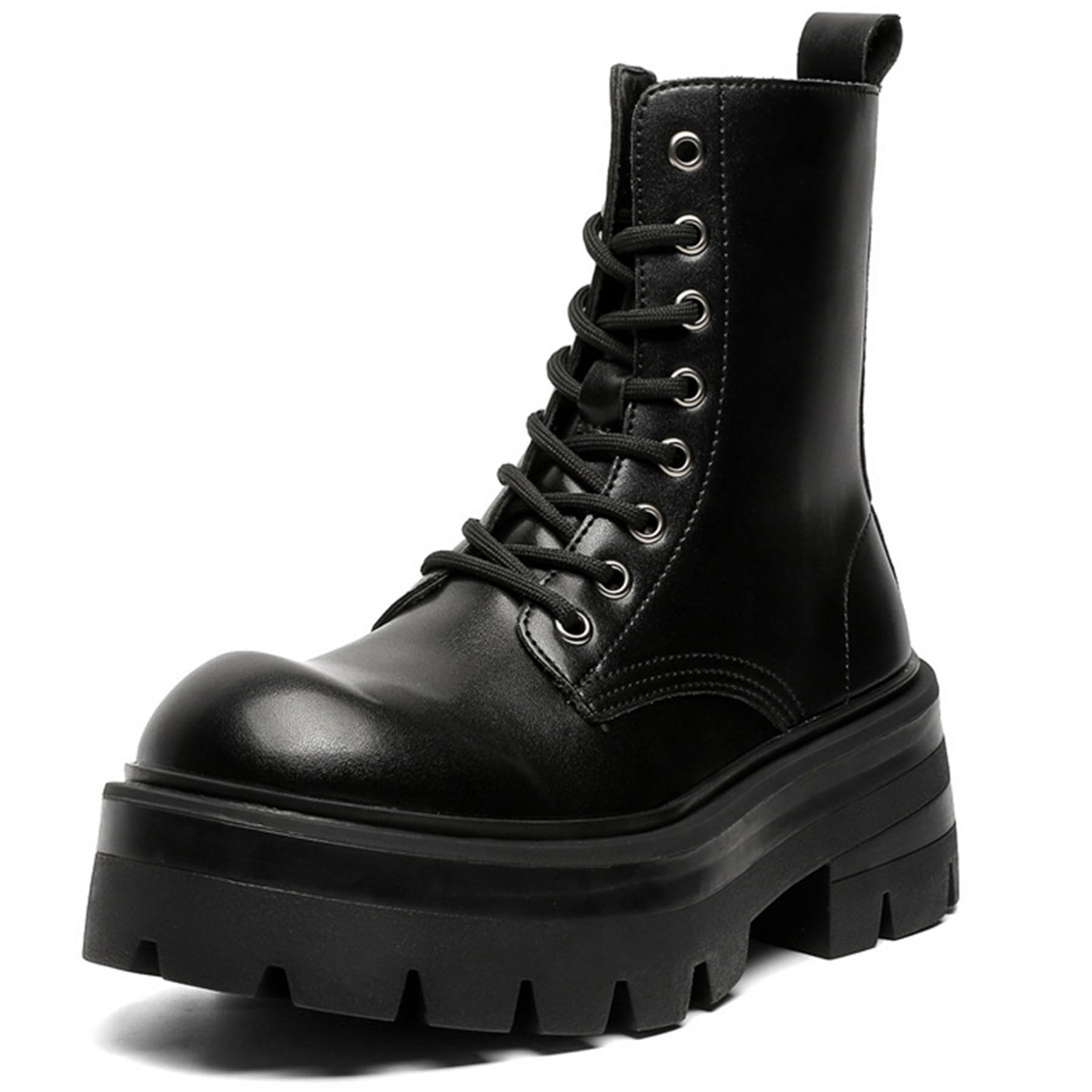 Photo 1 of CrazySavage Men's Black Leather Lace-up Platform Combat Boots Wide Toe Side Zipper Chunky Heel Lug Sole Ankle Booties Comfort High Top Waterproof Biker Boots (Black B,7)