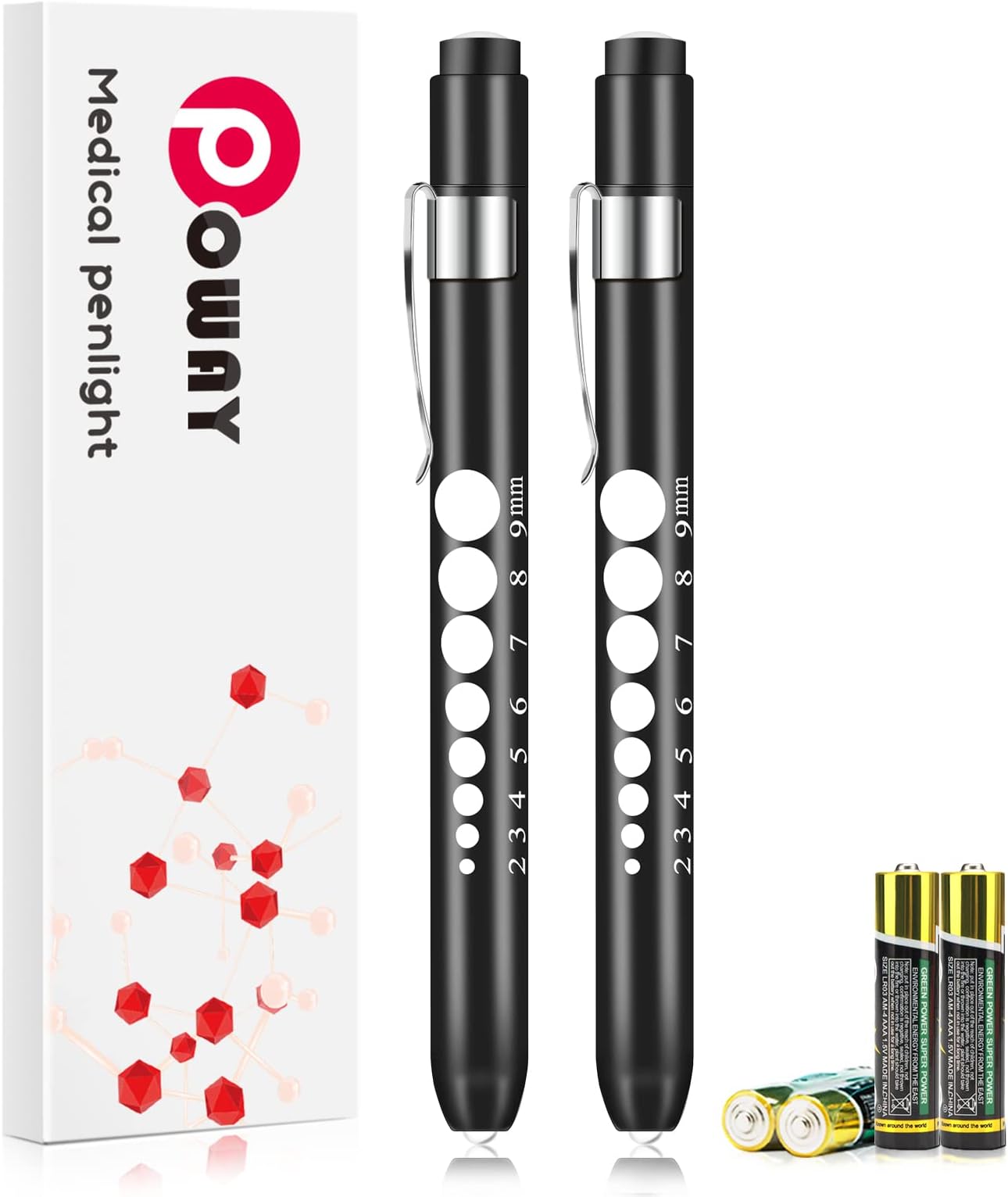Opoway Nurse Penlight with Pupil Gauge LED Medical Pen Lights for Nursing Doctors Batteries Free, Black 2ct.