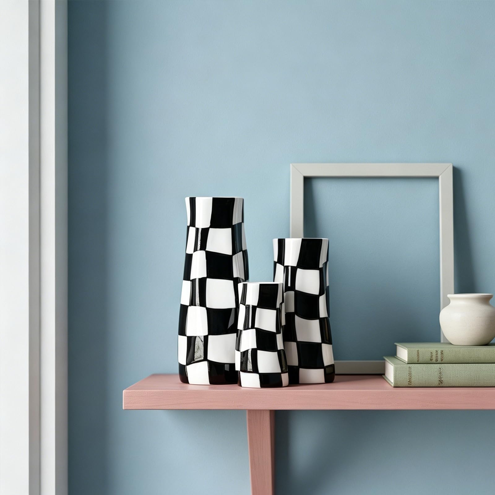 Keramik-Vasen-Set (3-teilig) in Schwarz-Weiß – Schwarze, Karierte Vase mit breiter Öffnung – Große dekorative Blumenvasen für Wohnzimmer, Tischdekoration, Esszimmer (Schwarz)