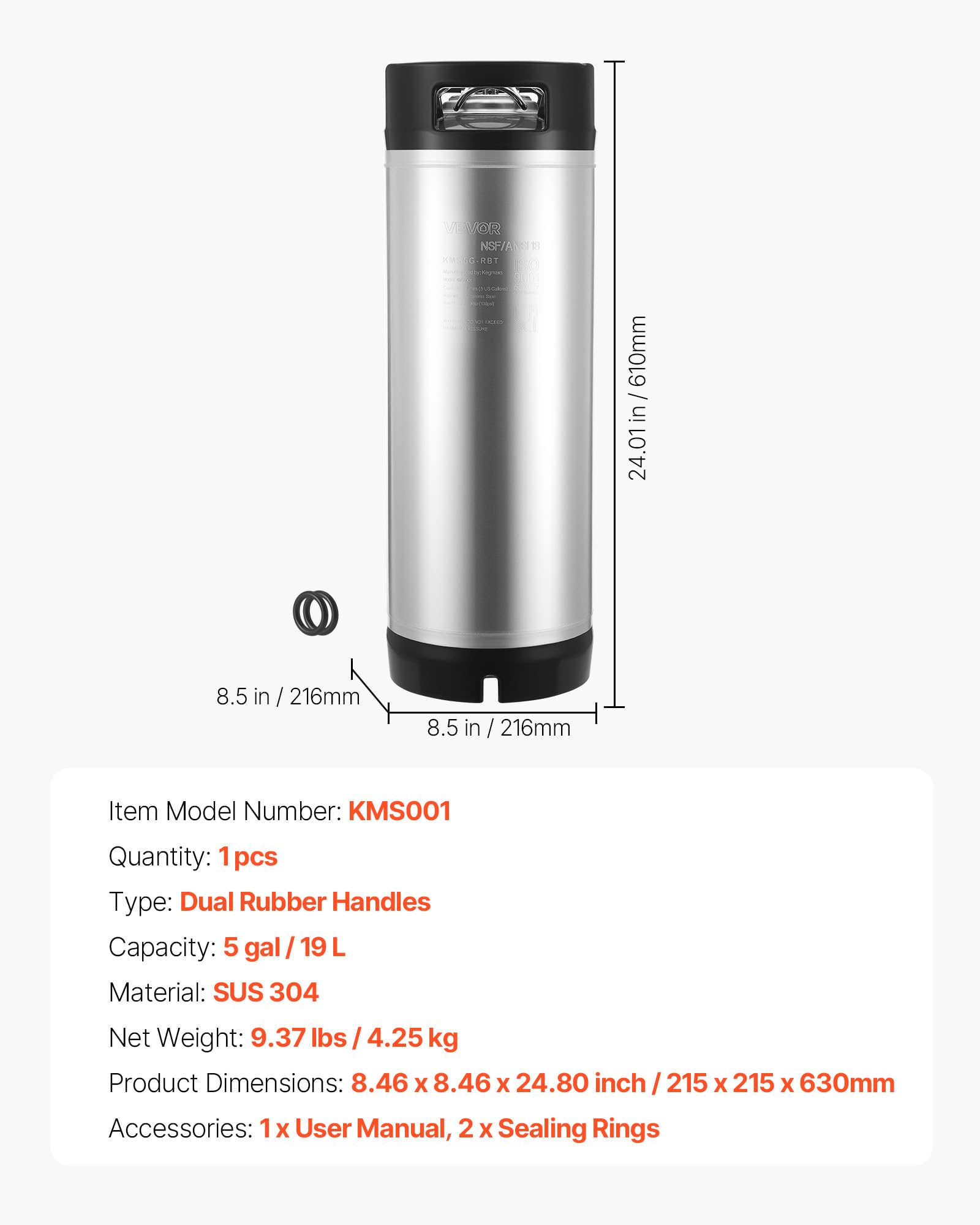VEVOR Barril de Cerveza de 19 L, con Cierre de Bola, Barril de Acero Inoxidable SUS304, para Cerveza Fría con Asas Dobles y Fondo de Goma, 215 x 215 x 630 mm, Ideal para Bar en Casa, 1 Pieza