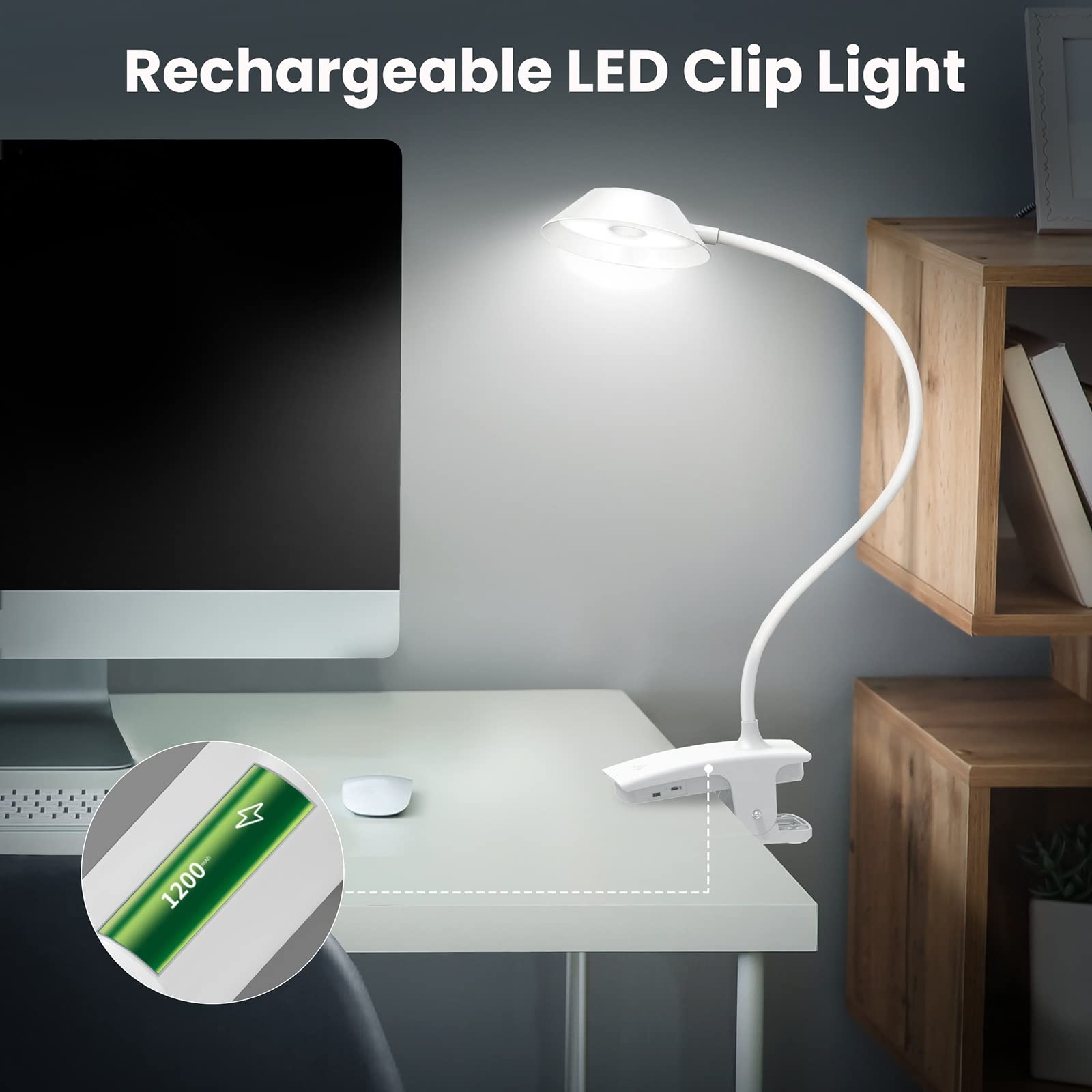 da da Lettura Bile a Clip con Luce a LED per Camera da Letto, da da scrivania, Letto, Bianca, a Batteria, a Collo di Cigno