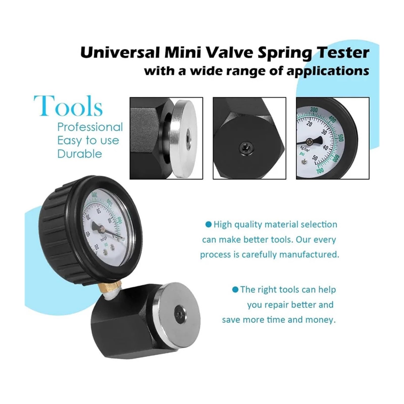 Probador de presión resorte válvula Mini Universal, unidades medición doble e, rango 0-700 Psi/0-50 Kg-cm2,Precisión del dial de precisión
