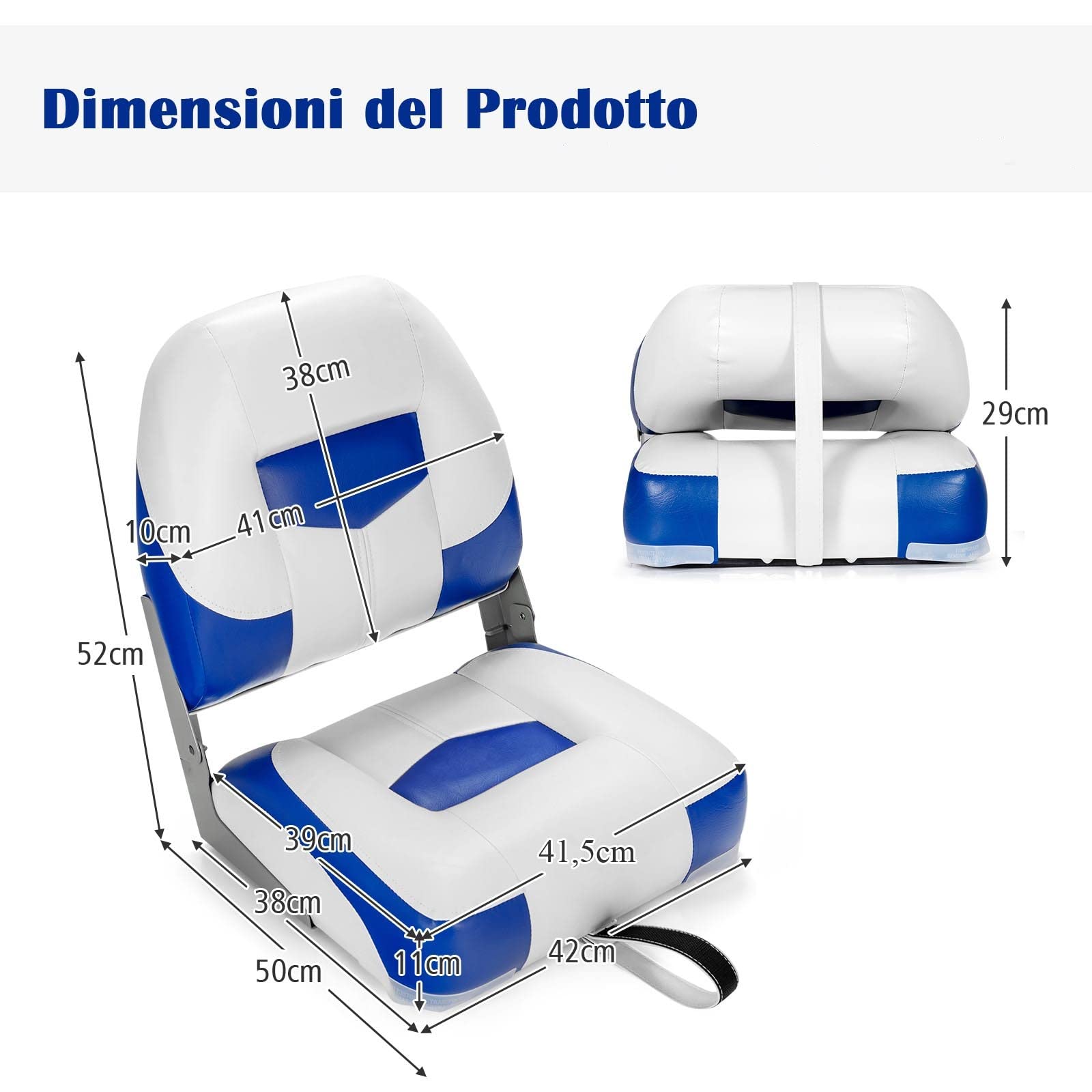 GYMAX Sedie per Barca, 2 Pezzi, Sedile Comodo di Schiuma, PVC e PP, Design Ergonomico e Pieghevole su Schienale e Sedile, Adatte all’Aperto, 50 x 52 x 42 cm (Blu)