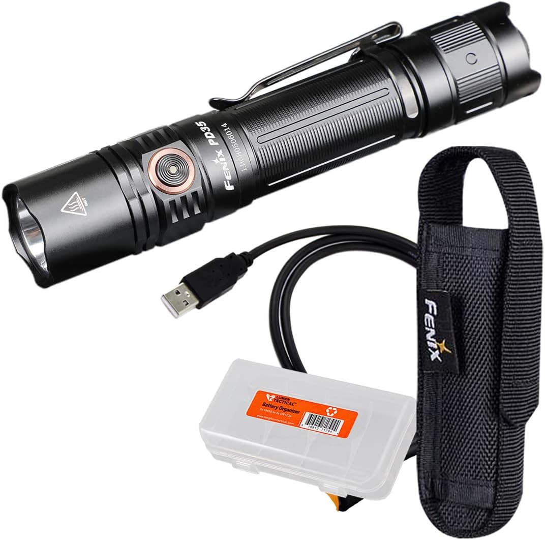 Fenix PD35 v3.0 Rechargeable Tactical Flashlight, 1700 Lumens EDC with Organizer (Black)