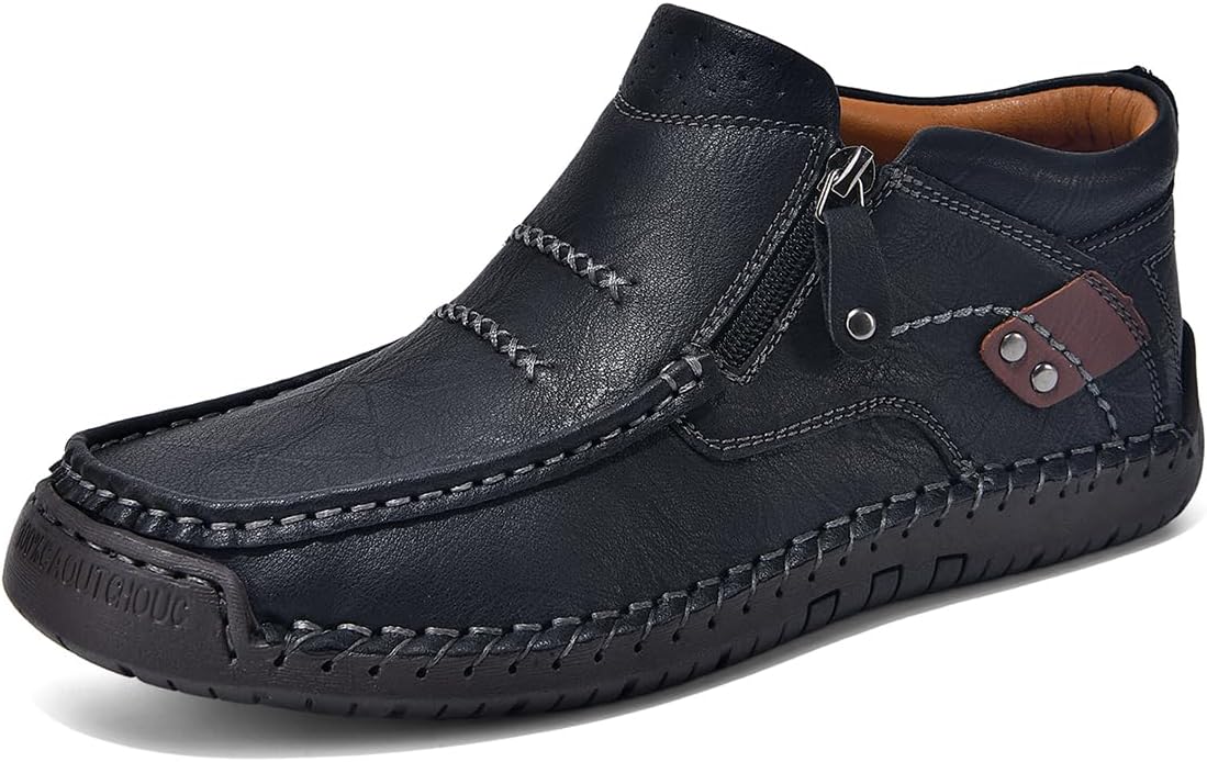 Coramtty Men's Casual Chukka Boots Handmade Comfort Vintage Mid Top Ankle Boots Side Zipper Lightweight Loafers Walking Driving Dress Shoes