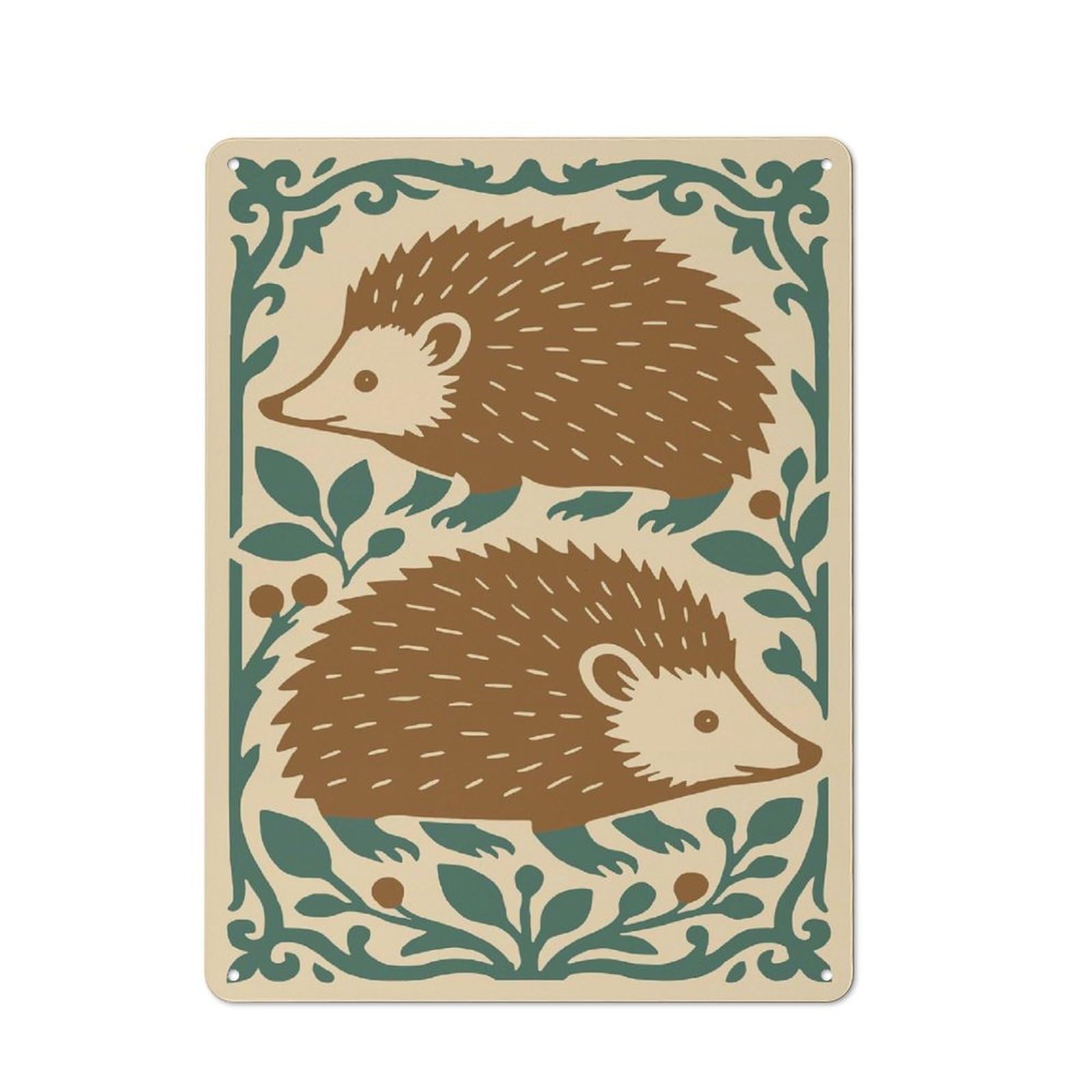 Cafe Style Decorative Metal Plaque 40x30cm Featuring Two Hedgehogs with Floral Border Illustration, Bistro Wall Plaque for Tea Room, Shop Wall Or Breakfast Area