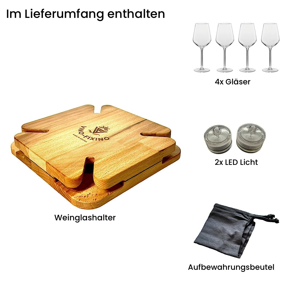 exklusiver Weinglashalter, Getränkehalter für Boote, Wohnwagen, Camping, Picknick, Couchbar, Serviertablett, Rutschfester Stand, mit LED Beleuchtung und 4 Stück Gläser 380ml (LED blau)