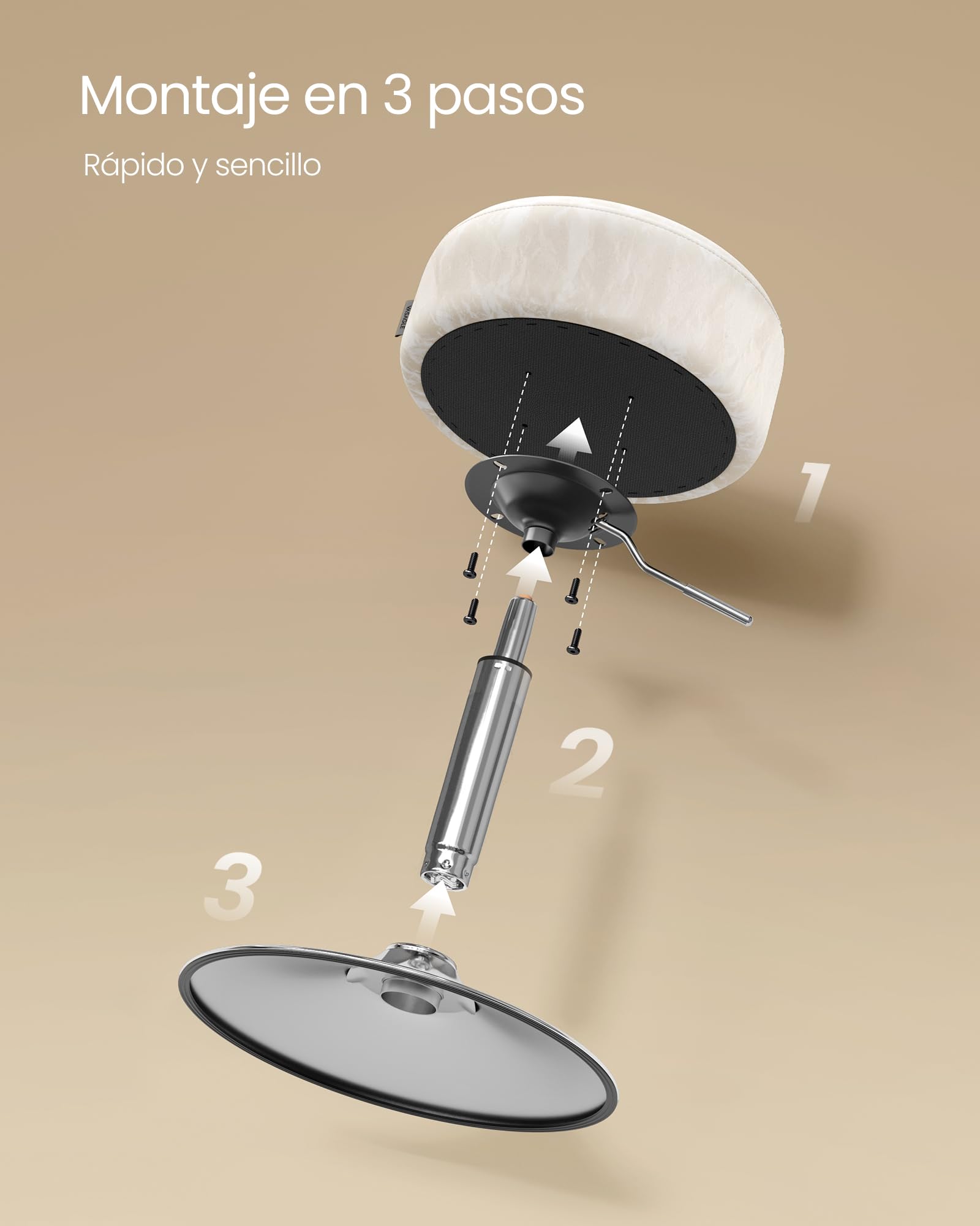 VASAGLE Sgabello da Trucco, Sedia per Toeletta, Regolabile in Altezza, Girevole a 360°, in PU, Seduta Spessa, per Camera da Letto Cucina Sala da Pranzo, Moderno, Bianco Crema LJB120W01