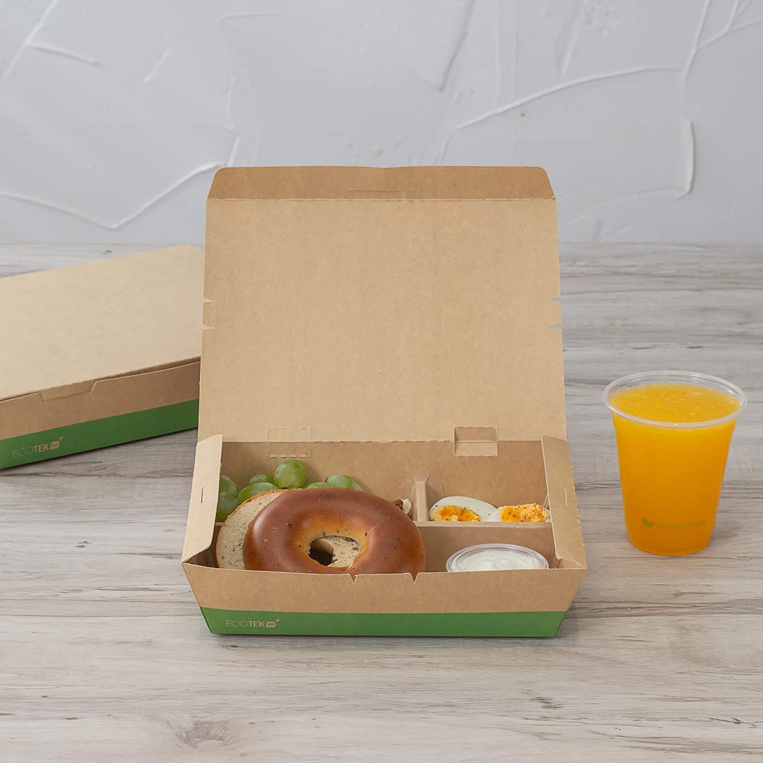 Restaurantware Eco Tek - Cajas para llevar de 50 onzas, 100 cajas Bento compostables, 3 compartimentos, cierre de pestañas, cajas de papel kraft y verde, forro de ácido poliláctico, para restaurantes