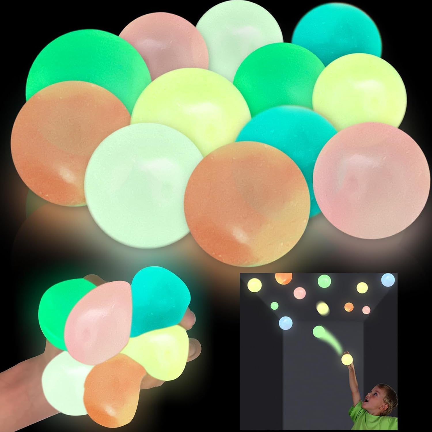 Easter Egg Fillers, 12 Pack 3" Large Filled Easter Eggs Glow in The Dark Sticky Ceiling Balls Stress Relief Fidget Toys for Kids Boys Girls Toddlers Teens Easter Basket Stuffers Hunt Party Favor Gifts