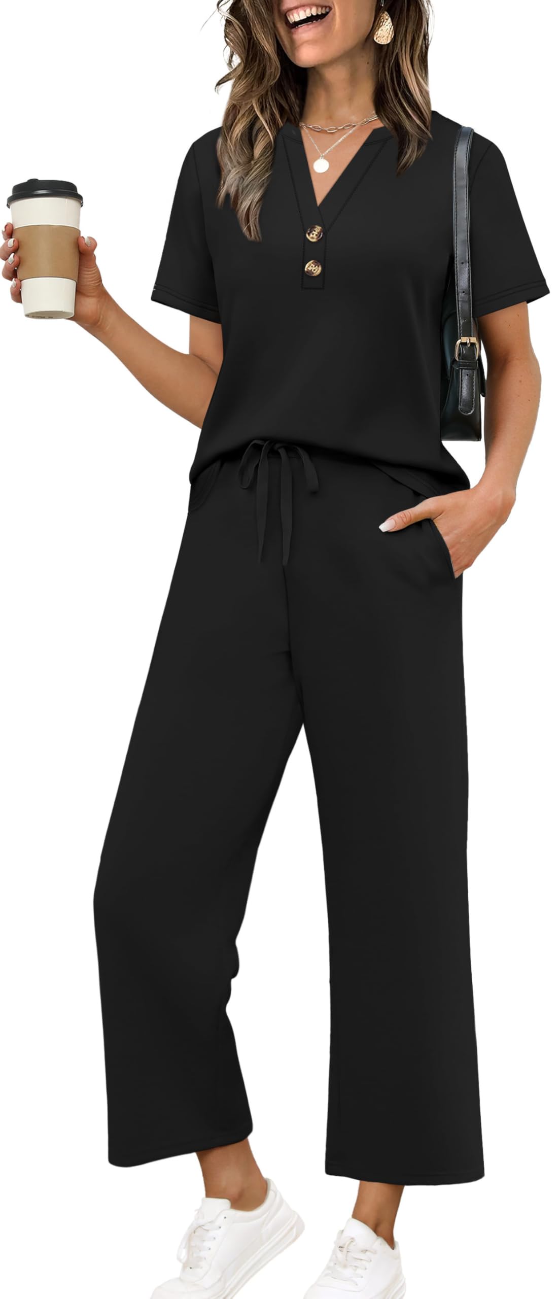 OFEEFAN 2 Piece Sets for Women Spring Fashion Beach Vacation Cruise Outfit Dressy Casual Wide Leg Crop Pants Resort Wear OEKO-TEX STANDARD 100