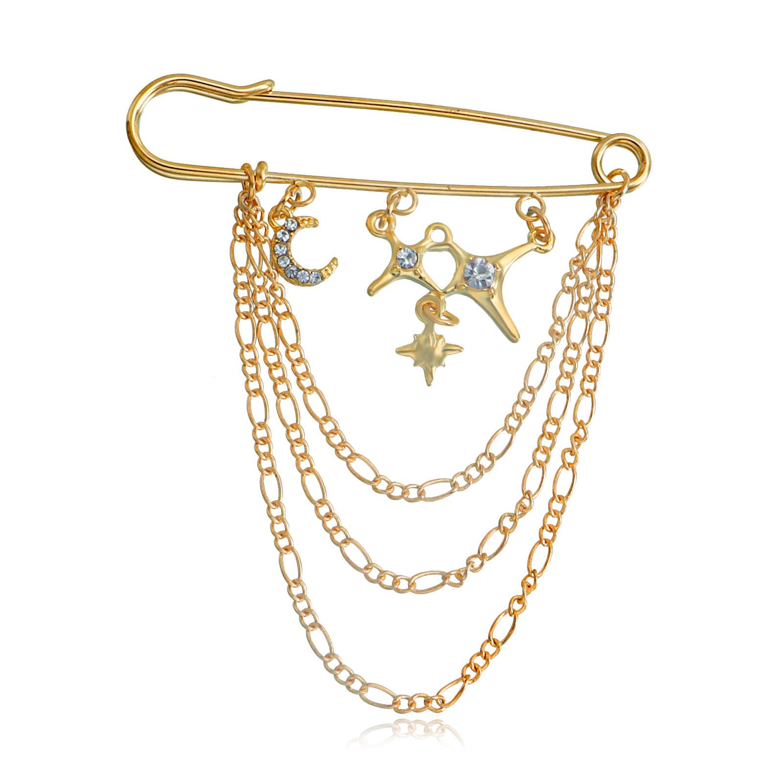 Gold Crystal Star Moon Safety Chain Tassel Brooch Pins for Women,Star Brooch Pins Sweater Shawl Clips Collar Brooch Tassel Chain Men's Suit Label