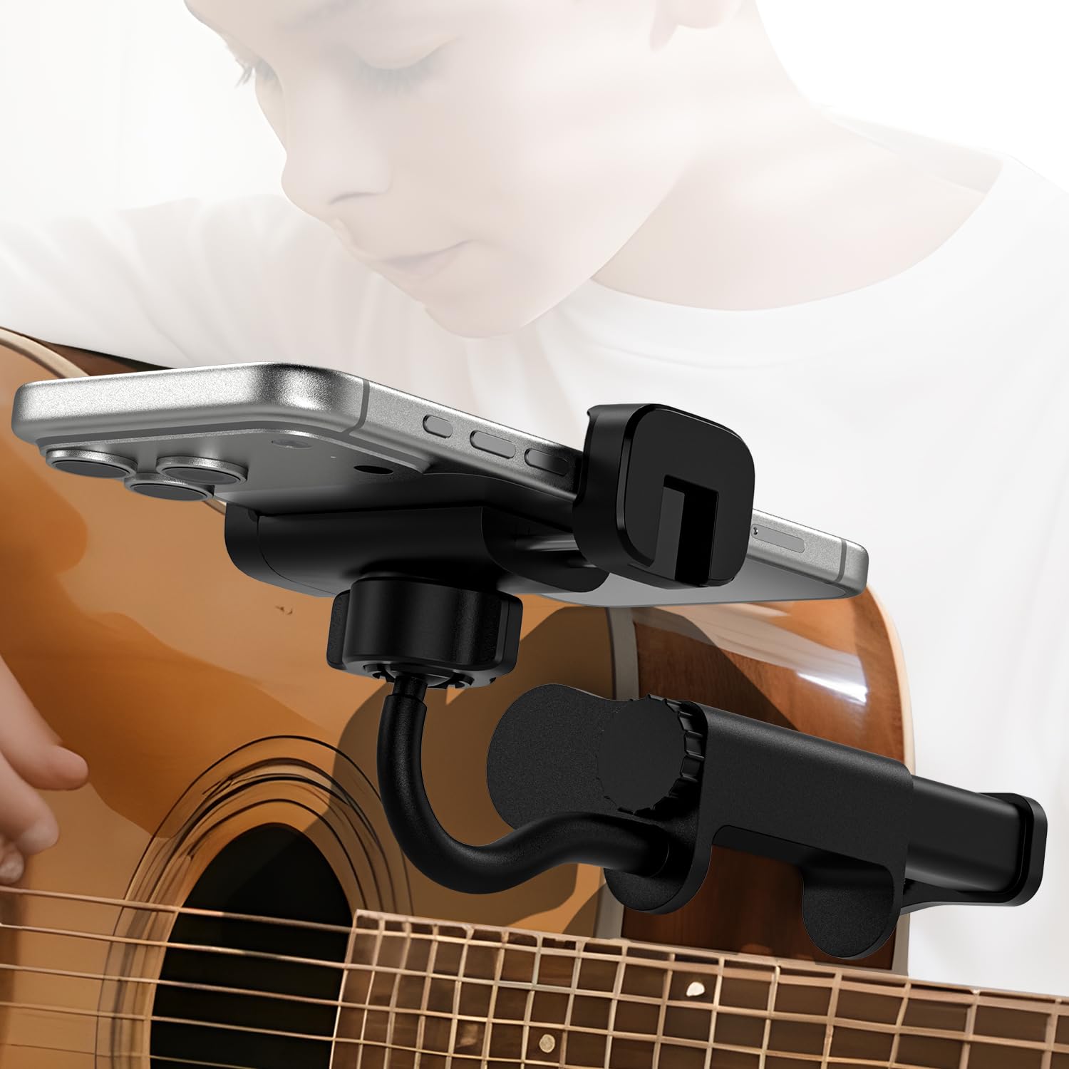 Support de Téléphone pour Guitare- Support Universel pour Smartphone pour Guitare, Basse, Ukulélé, Rotatif à 360° et Réglable, Idéal pour La Diffusion en Direct et l'enseignement en Ligne