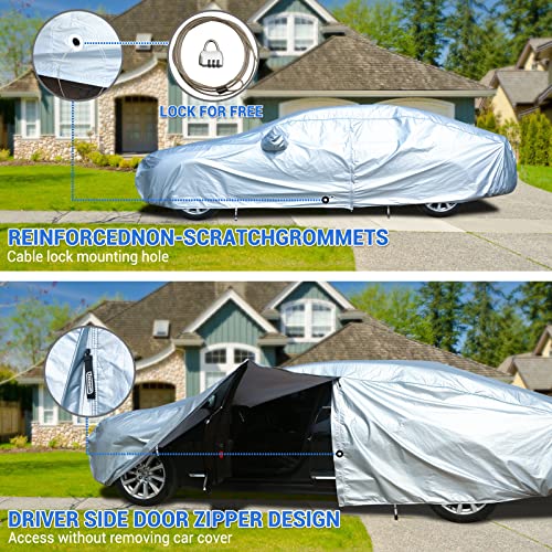 Image of Tecoom Car Cover Waterproof All Weather, Classic Zipper Door & Lock Design, Soft Cotton Lining Car Covers for Automobiles, Windproof UV Rain Hail Protection Full Car Cover Fit 191-200 Inches Sedan