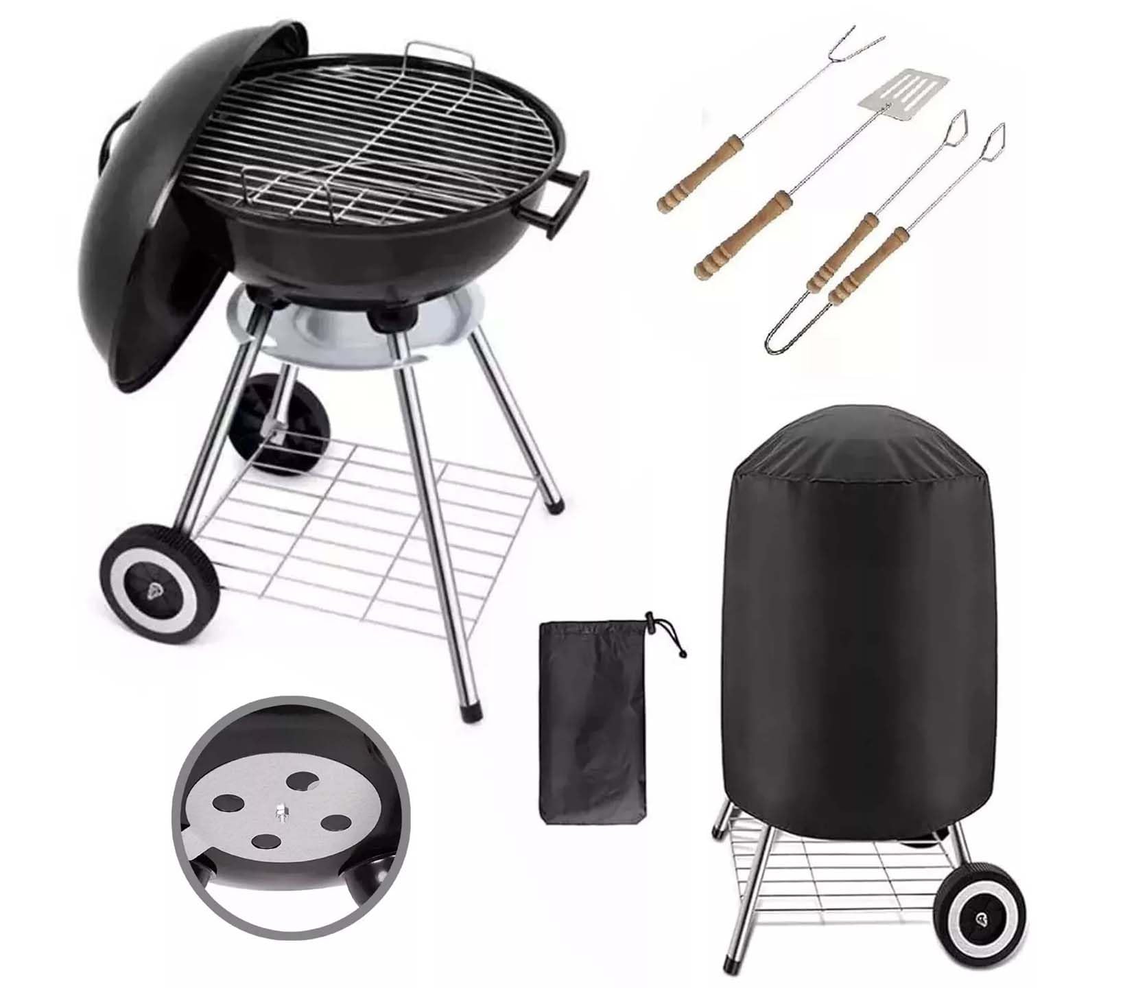43 cm Round BBQ grill Smoker Charcoal Barbecue With Lid, Protective Cover, Portable with Wheels, Utensils, Adjustable Air vent, Ash collector, Outdoor Garden Patio
