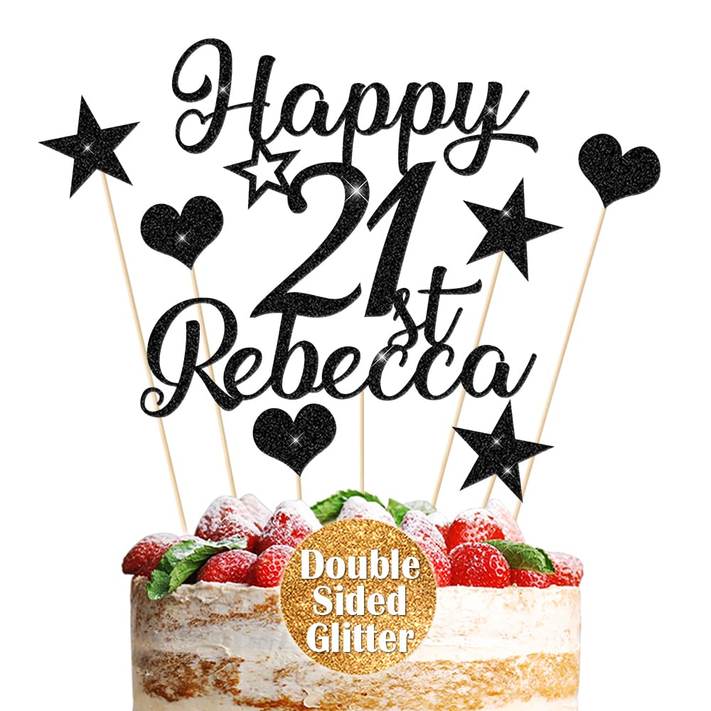 Personalised Cake Topper Custom Multicoloured Non-Shed Double Sided Glitter Cake Decoration Happy Birthday Cake Topper with Any Name Any Age 13th 21st 30th 50th (Black)