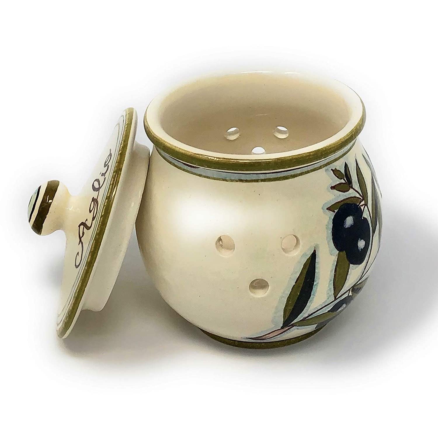 CERAMICHE D'ARTE PARRINI- Italian Ceramic Garlic Brings Jar Holder Hand Painted Made in ITALY Decorated Olives Country Tuscan Art Pottery