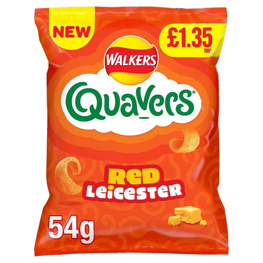 Quavers Red Leicester Cheese Crisps 18 × 54g PMP Bags – Light & Curly Red Leicester Flavour Potato Snacks – No Artificial Colours or Preservatives – Vegetarian