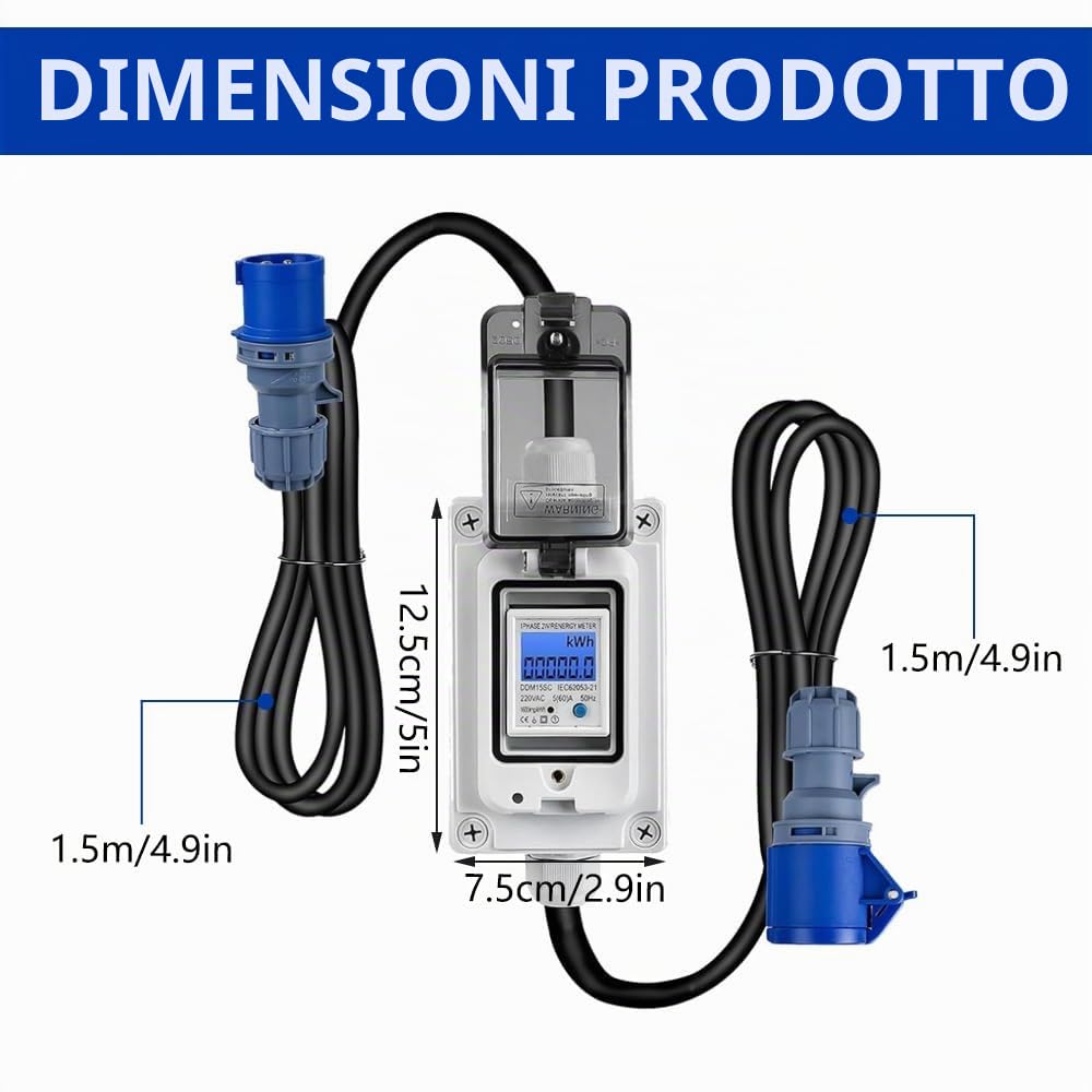 Contatore Elettrico Digitale Mobile, 230 V 16A Contatore di Corrente Digitale Portatile con LED/Reset, Misuratori per esterni con IP65, per Camper,Veicoli Elettrici,Case