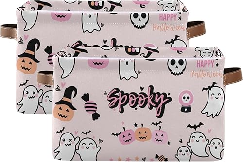 Miniatura 2 de Cesta de almacenamiento de lona plegable con asas, organizador de almacenamiento duradero de fantasmas de dibujos animados de Halloween para