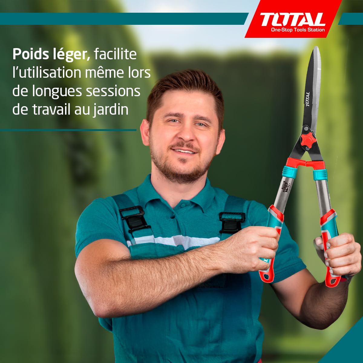 TOTAL - Cisaille taille-haie | 63 x 26 | Bleu | Longueur lame de 557 mm | Ciseaux taille-haies à deux mains avec lames en téflon pour jardinage