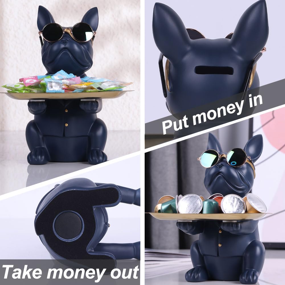 Bandeja de Resina Azul Marino con Estatua de Bulldog para Decoración del Hogar, Banco de Ahorro, Bandeja para Llaves, Almacenamiento, Soporte para Caramelos, Joyas, Pendientes, Adecuada para