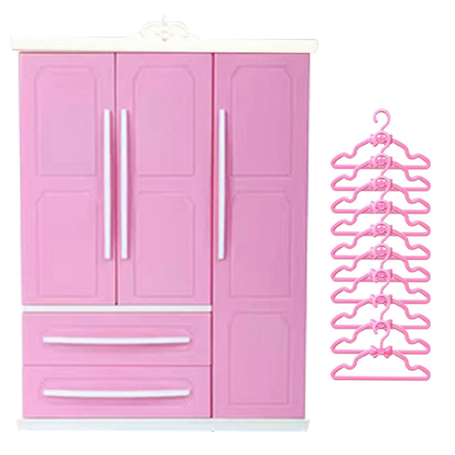 Doll Closet, 3 Door 2 Drawer Dollhouse Wardrobe, 7x10x3" Dollhouse Furniture with 10 Hangers, DIY Friendly Miniatures for Setting, Doll Clothes Storage, Furniture, Dol