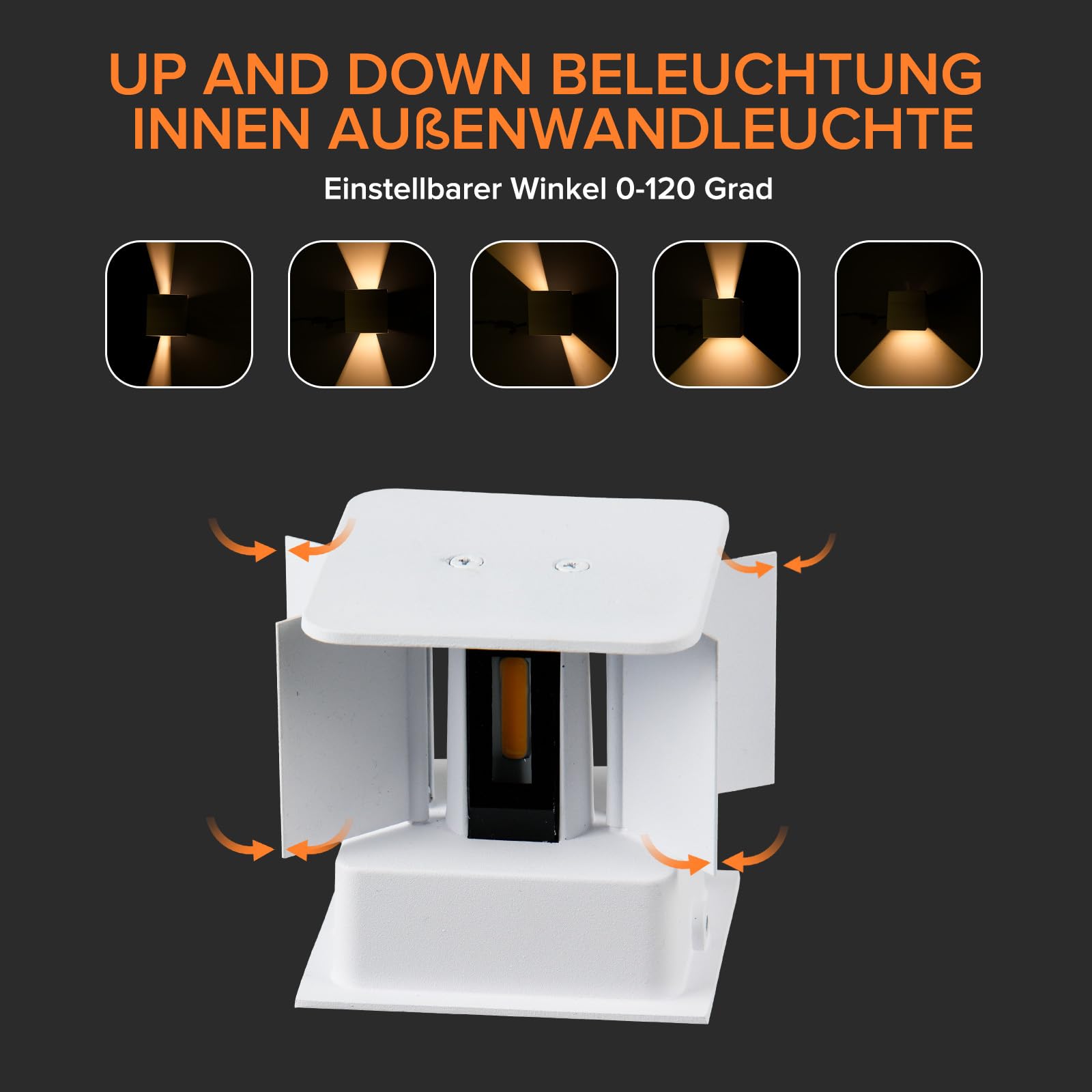 8 Stück 12W LED Wandlampe Innen, Weiße Wandleuchte Aussen, 3000K Warmweiß Up Und Down Abstrahlwinkel Einstellbar, IP65 Wasserdicht Außenlampe Geeignet für Treppenbeleuchtung Wandbeleuchtung