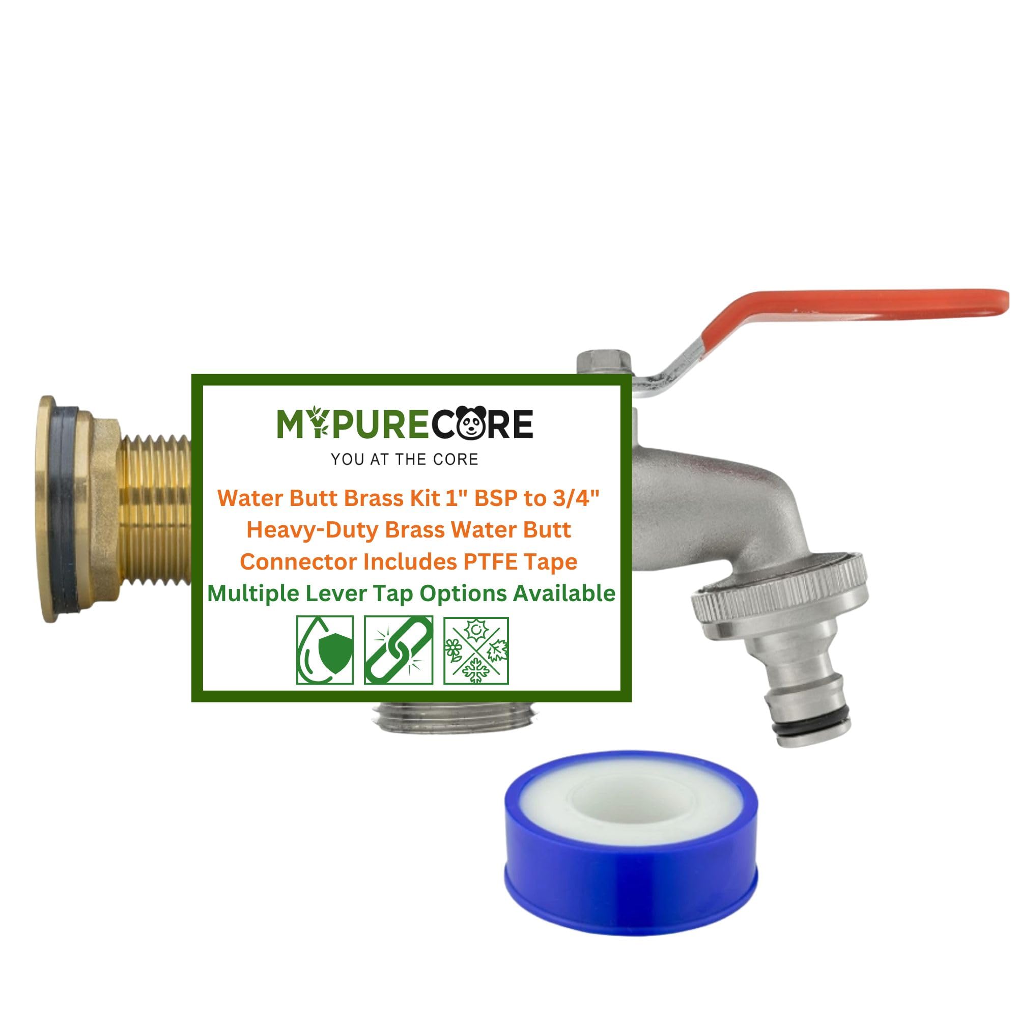 MYPURECORE Water Butt Brass Kit 1” BSP to 3/4” – Heavy-Duty Brass Tank Connector with PTFE Tape & Lever Tap Options – Rainwater Harvesting, Barrels & IBC Containers ((Dual Outlet))