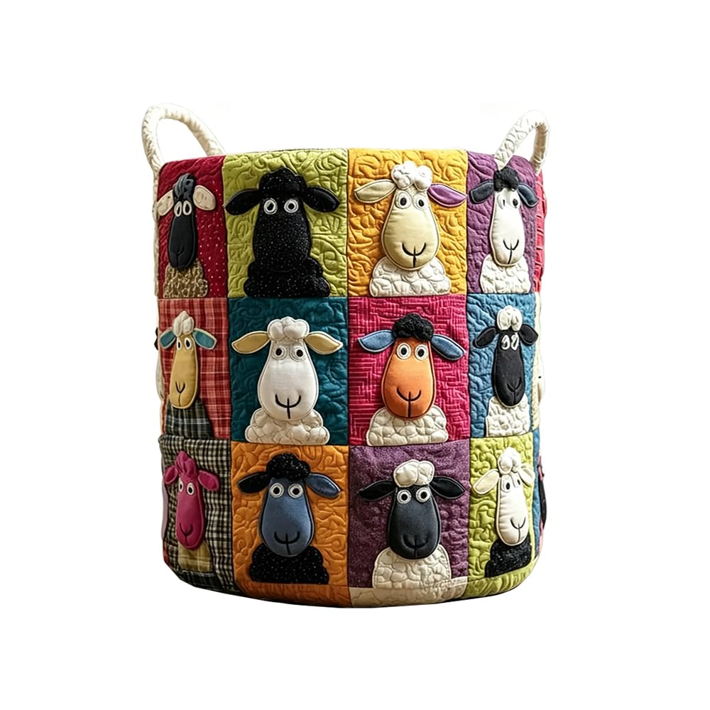 3D Cute Sheep Print Quilted Laundry Basket Home Storage Hamper with Handles (KT33843A05,S)