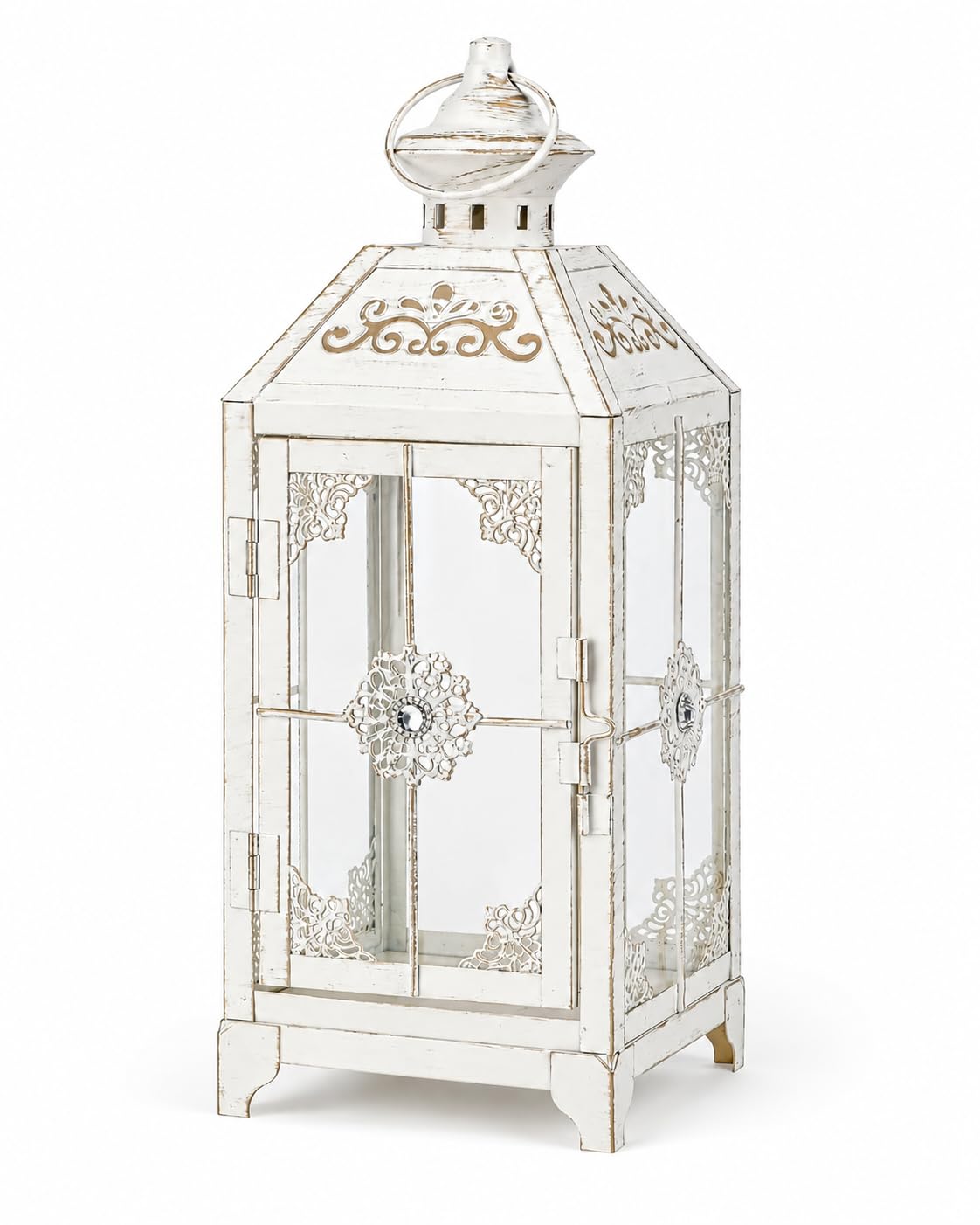 JHY DESIGN Candle Lantern Decorative Indoor & Outdoor,34cm High Vintage Metal Hanging Lantern Decor for Front Porch Home Patio Wedding Party, Festival Decorations (Distressed White)