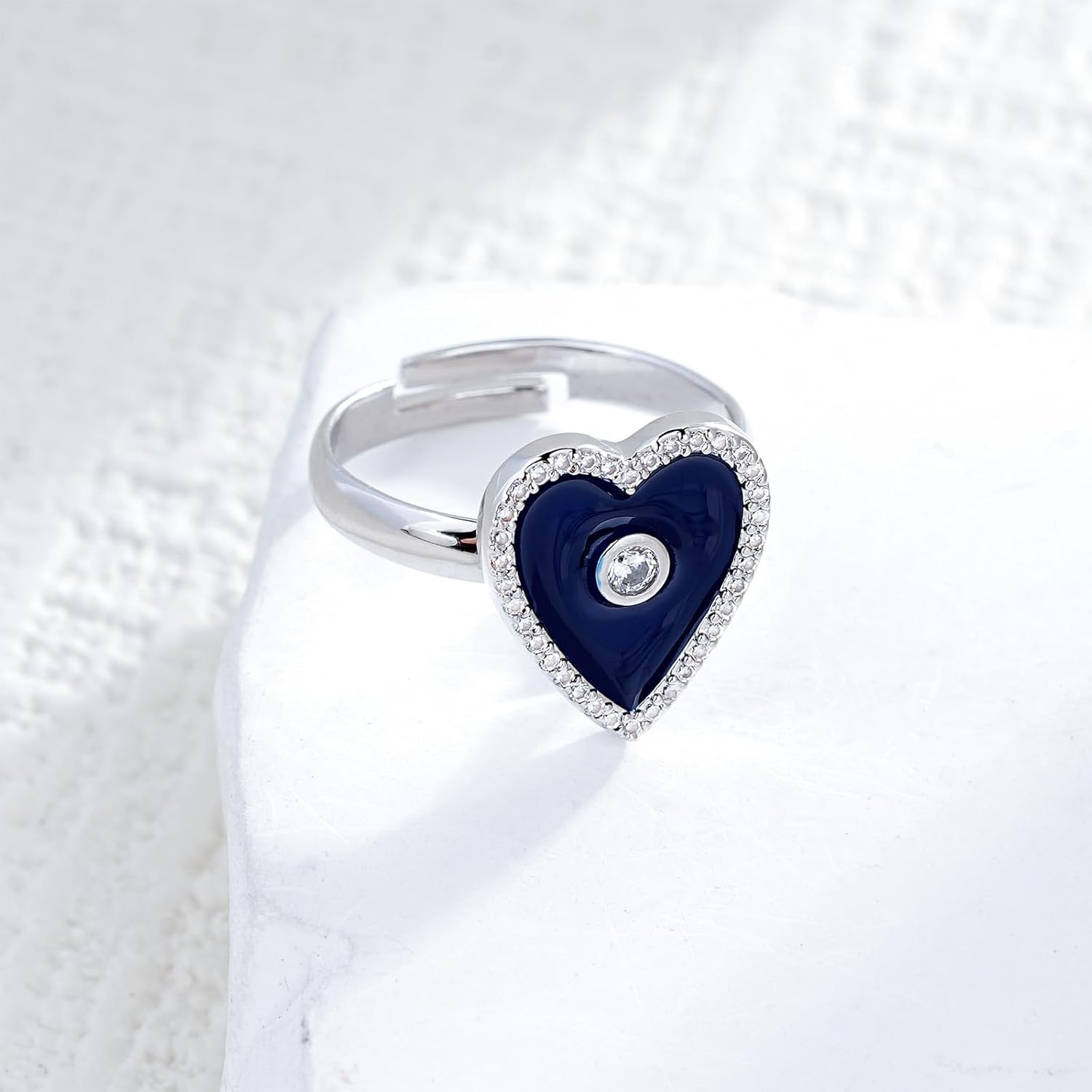 Enamel Heart Ring for Women White Gold Plated Love Ring Stackable Adjustable Heart Shaped Ring Jewelry Gift for Wife Girlfriend