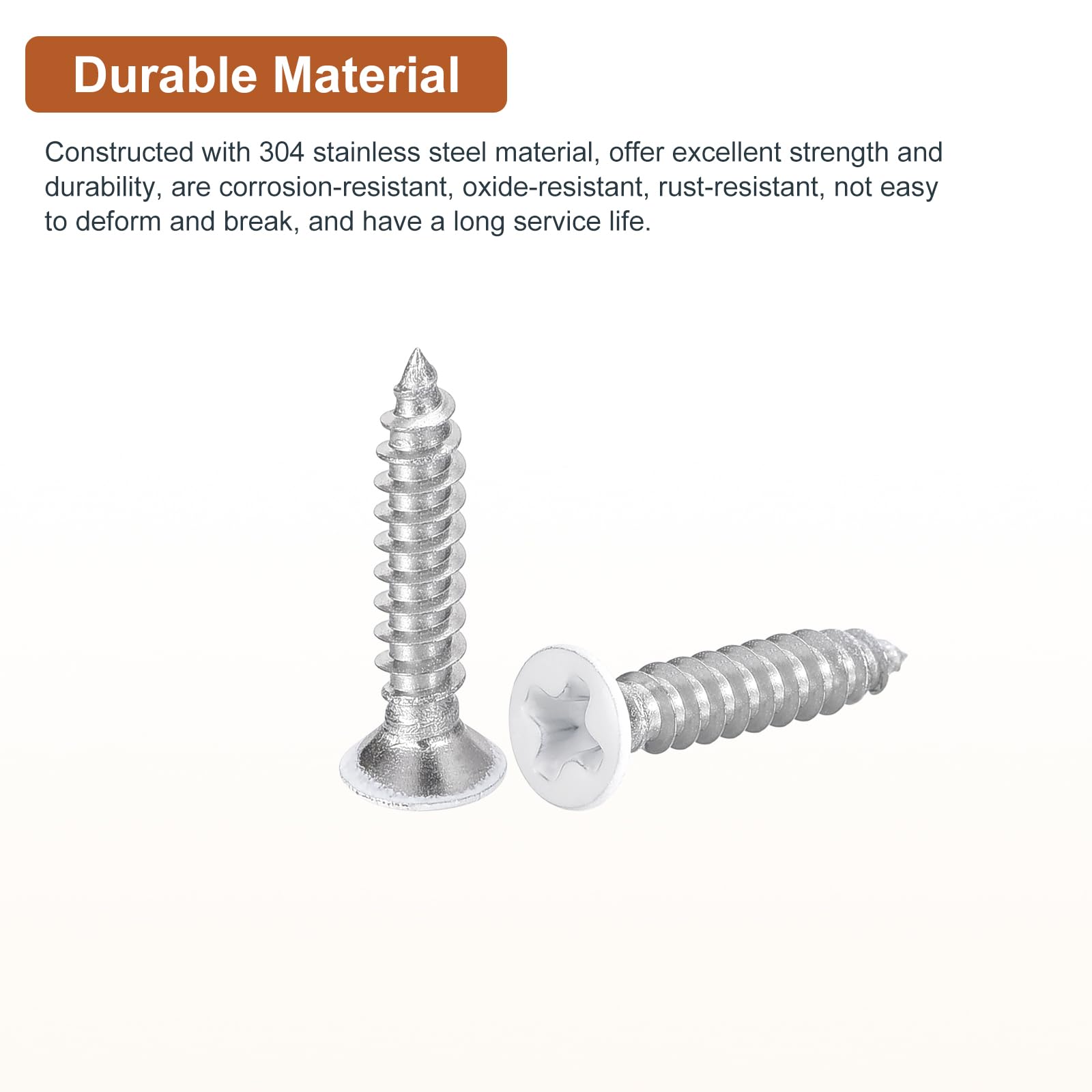 DTGN 100Pcs ST3x15mm Flat Head Wood Screws, 304 Stainless Steel White Phillips Self Tapping Screws - Image 3