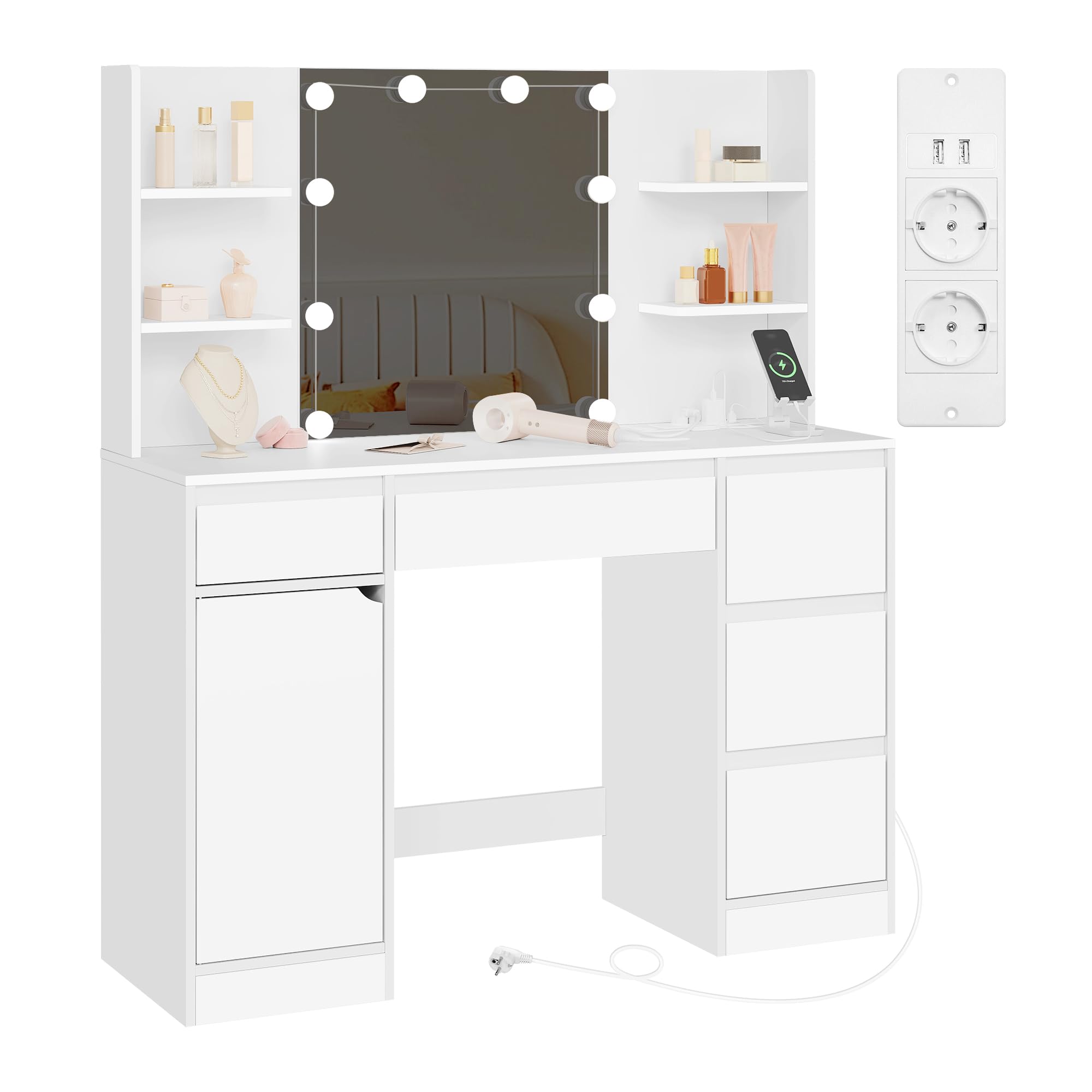 WOLTU Schminktisch mit Beleuchtung, Steckdosenleiste, Einstellbarer Helligkeit, Große Schminktisch mit Spiegel, 5 Schubladen, offenen Fächern, Schrank, Frisiertisch Weiß für Schlafzimmer, MB6117ws