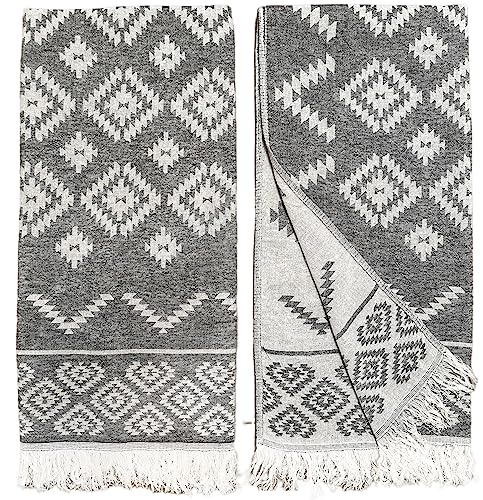 Ray Silver Aztec Turkish Hand Towels Set Of 2 100% Cotton Peshtemal Soft Feel 18 X 36Inches Light Weight Travel Camping Bath Sauna Beach Gym Pool Blanket Quick Dry Oversized Towel (Black, Hand Towel) #TOP9