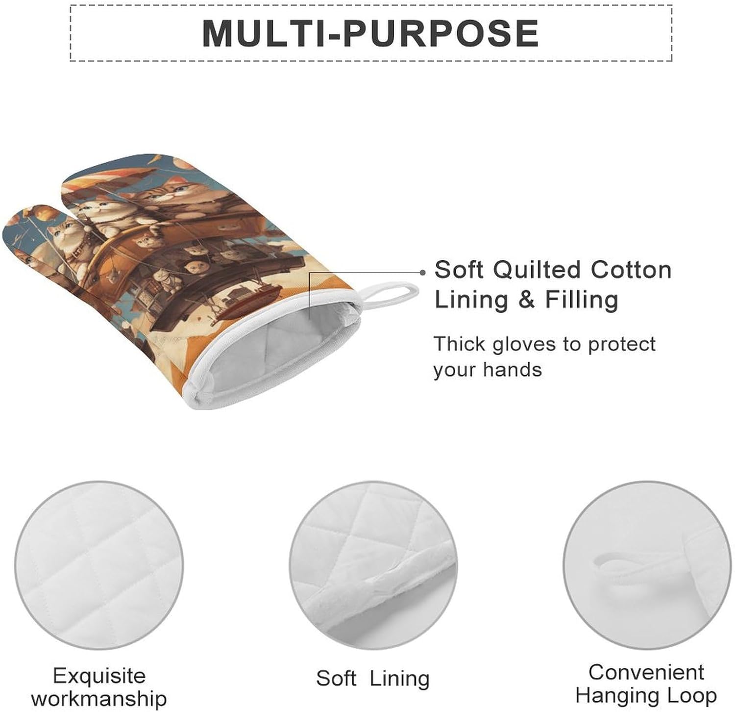 2 Pcs Oven Mitts Heat Resistant Kitchen Gloves Soft Safety Cat and Hot Air Balloon Oven Glove for Microwave, Barbecue