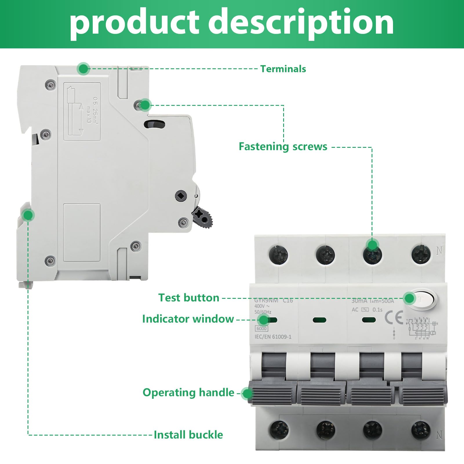 Fehlerstromschutzschalter Fi Schutzschalter 16A 30MA 3P+N Fi Schalter RCBO 6KA MCB Fehlerstrom Schutzschalter AC 400V mit Ableitstromschutz Überlast und Kurzschlussschutz, DIN Schienenmontage.