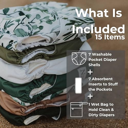Miniatura 2 de Nora's Nursery - Pañales unisex de tela para bebé, salvia y mar, paquete de 7, 7 inserciones de bambú, 1 bolsa húmeda