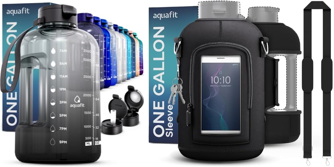 AQUAFIT 2 Pack - 1 Gallon Water Bottle With Time Marker PLUS Adjustable Sleeve - Neoprene Water Bottle Bag
