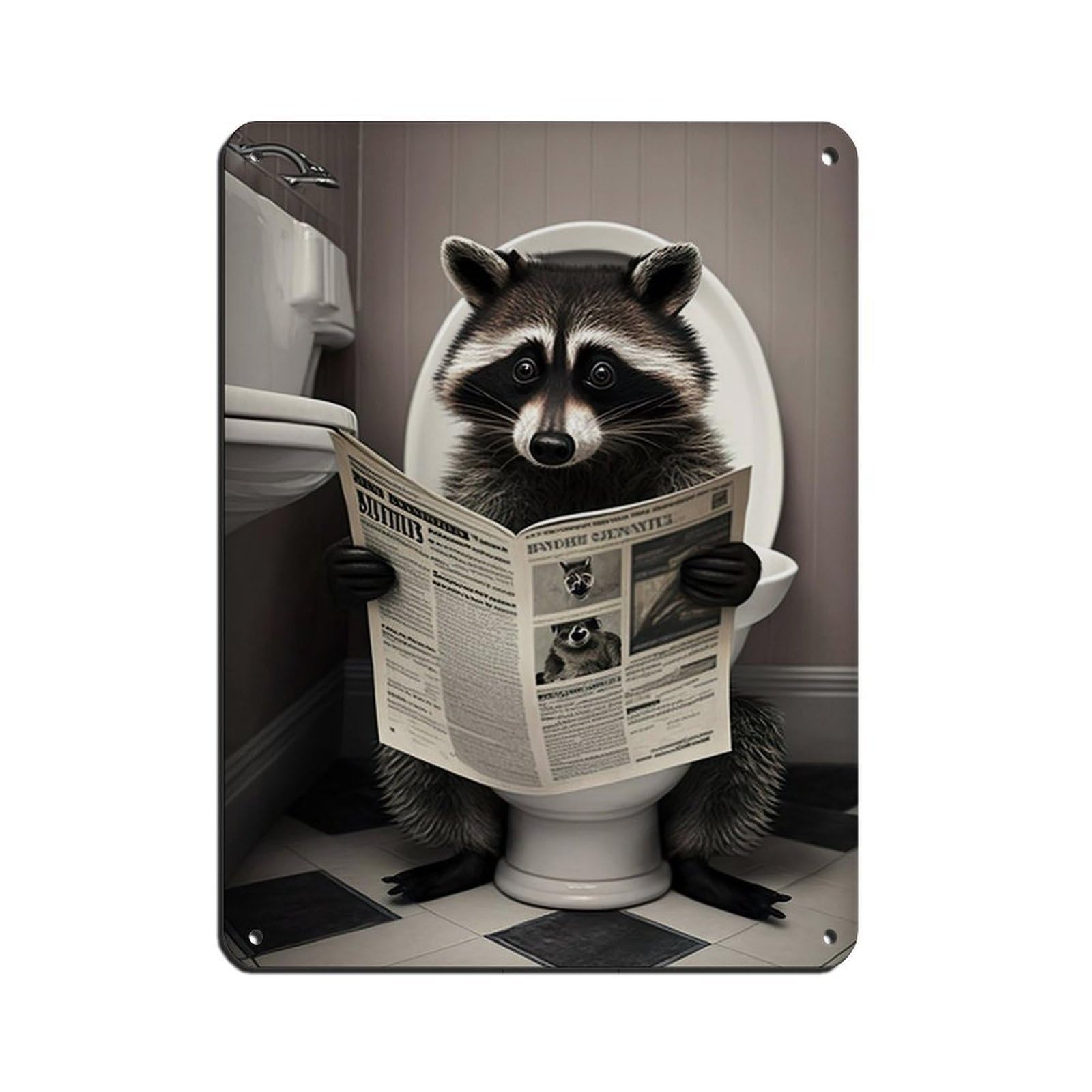 Raccoon Sitting on The Toilet Reading A Newspaper Tin Sign Vintage Metal Pub Club Cafe Bar Home Wall Art Decoration Poster Retro 12x16inch(30x40cm)