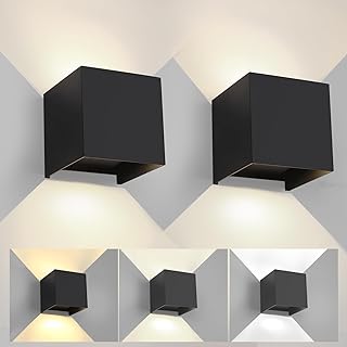 FUPE 2 Piezas Aplique de Pared Exterior Interior Luz Ajustable de 3 Colores LED Lámparas de Pared Moderno Negro 6W IP65 Impermeable Apliques de exterior cuadrada de aluminio Ángulo de luz ajustable