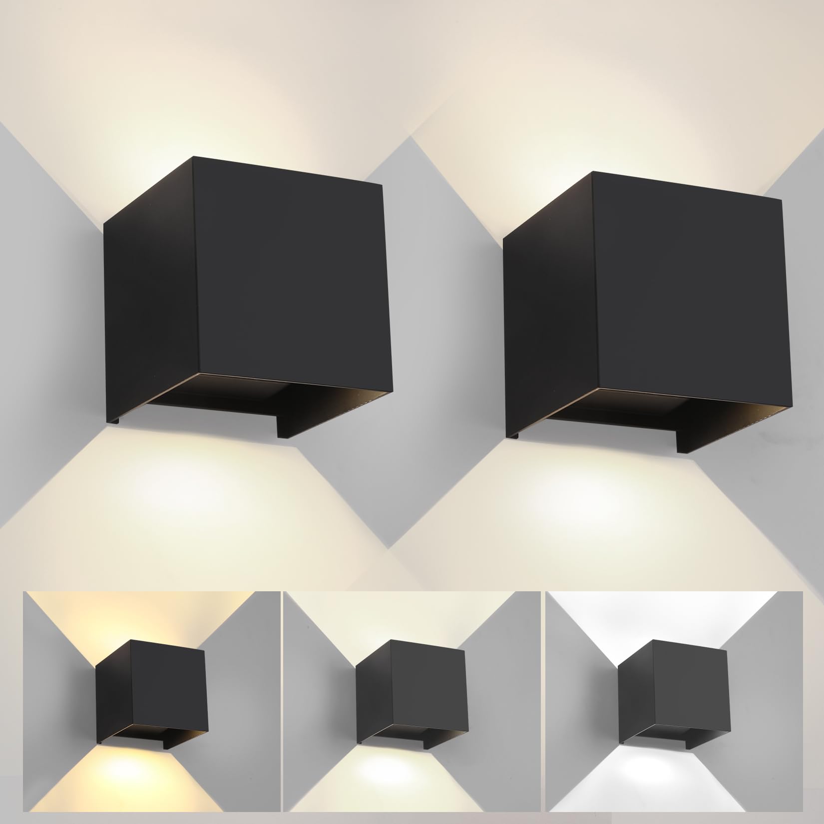 FUPE 2 Pezzi Applique da Parete Esterno/Interno Regolabile 3 colori LED Cubo IP65 Impermeabile Lampada da Esterno Parete Applique Esterni Muro Quadrata Angolo del Fascio Regolabile Moderne Nero 6W