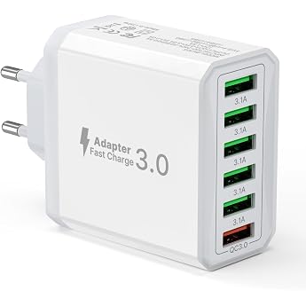 USB Charger 6 Ports Charging Adapter 33 W Adapter Charging Plug with QC 3.0 Quick Charger Multiple USB Plug Power Supply for iPhone 16 15 14 13 12 11 Pro Max iPad Mobile Phone Socket Charger Power Plug
