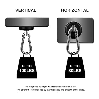 WELLZEER Magnetic Hooks 100lbs Black Magnet Hooks with Swiveling Carabiner for Hanging Refrigerator Strong Large Neodymium Magnet (100LBS-2PACK-BLACK)