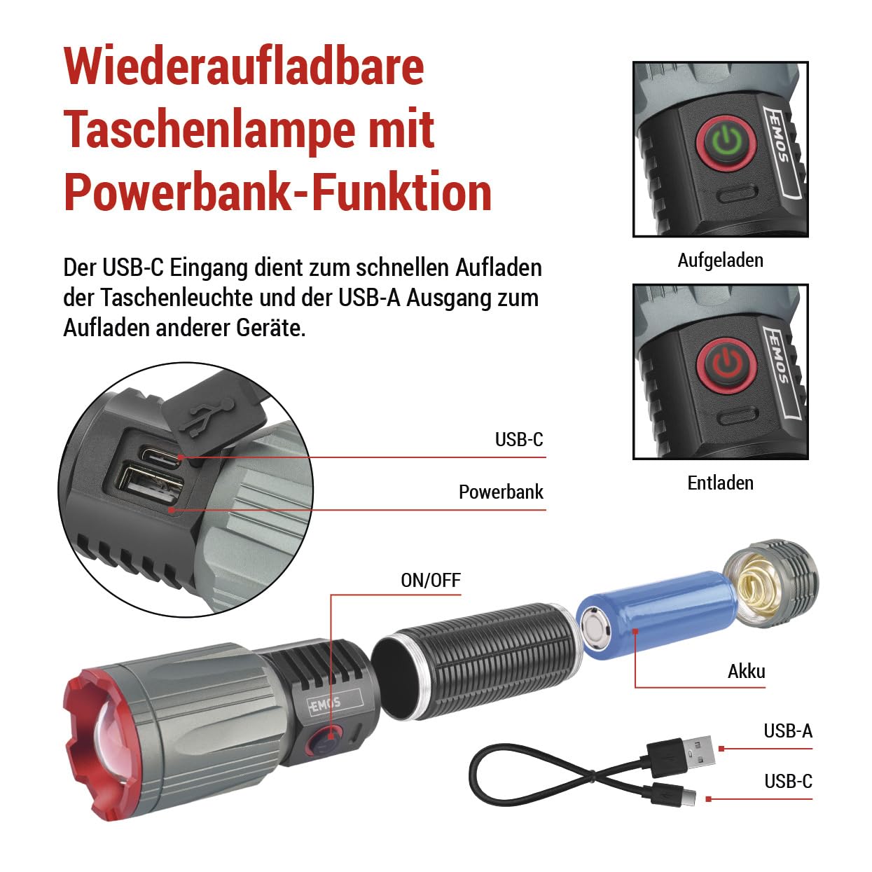 EMOS - LED-Metall-Taschenlampe mit Akku, Boost-Funktion, Powerbank und Zoom - wiederaufladbar, stoßbeständig, wasserdicht - superhell 3000lm, 300m - Handschlaufe - für Innen und Außen - schwarz-grau