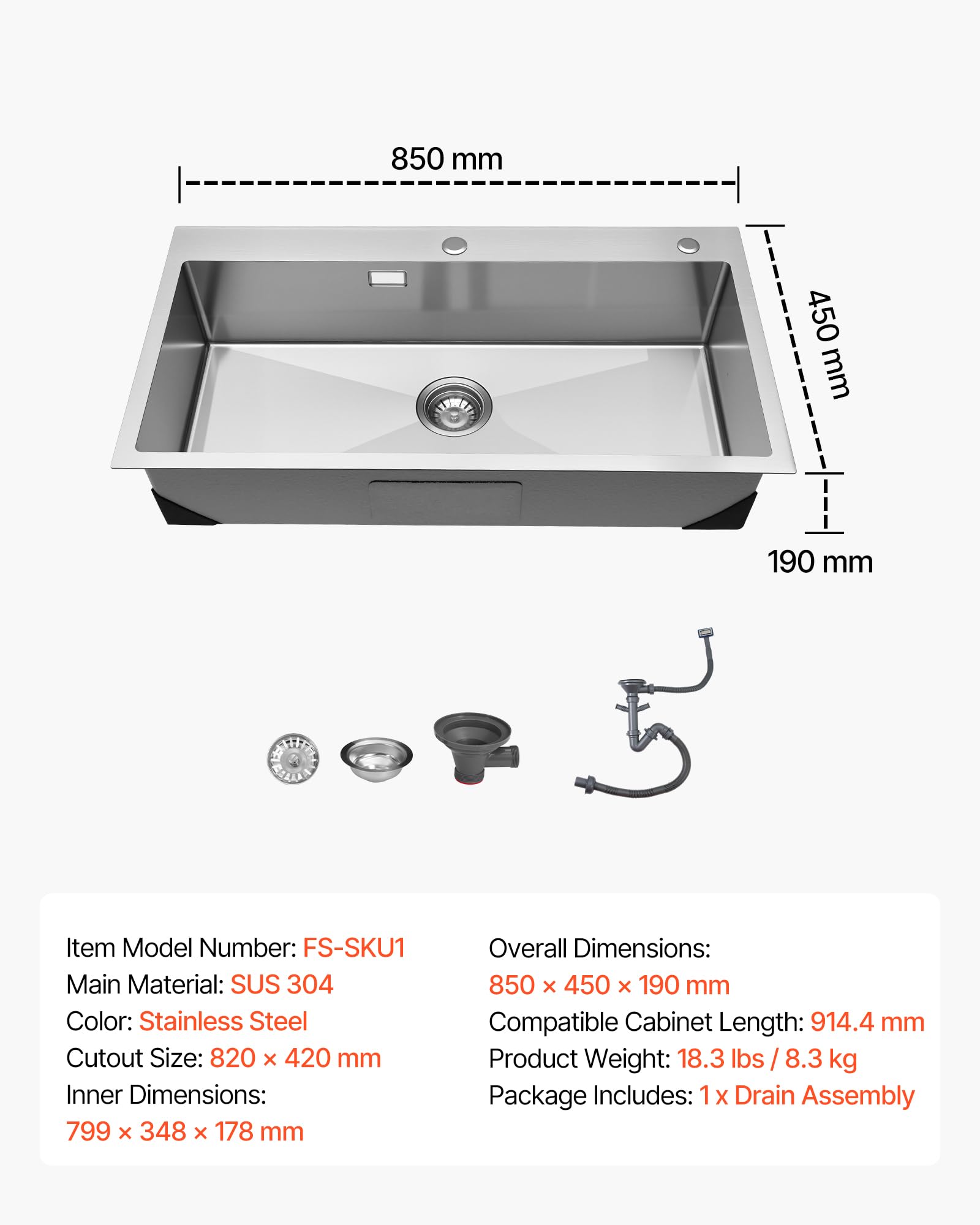 VEVOR Fregadero Sobre Encimera de 1 Seno, 850 x 450 x 190 mm, Fregadero de Cocina Empotrable de Acero Inoxidable, Esquinas Redondeadas, para Lavavajillas Domésticos, Cocinas Auxiliares, Lavaderos