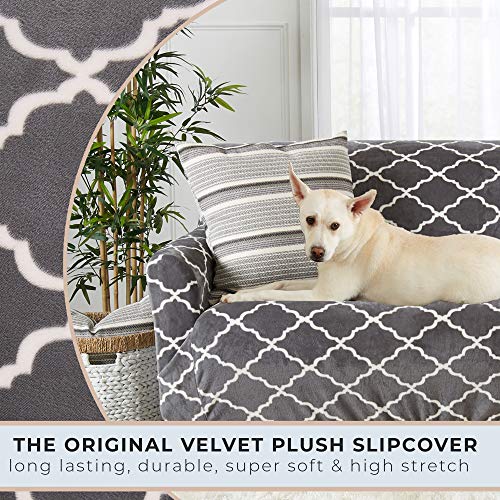 Modern Velvet Plush Sofa Slipcover. Strapless One Piece Stretch Couch Cover. Sofa Cover For Living Room. Magnolia Collection Slipcover. (Sofa, Grey) #TOP3