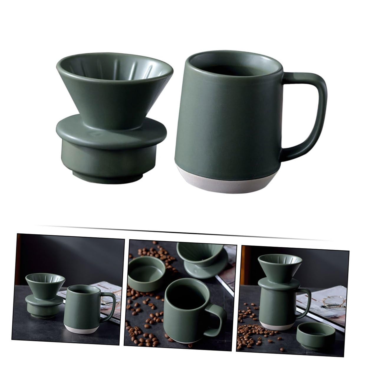 Taza de Filtro de Café de Cerámica Verde, Juego Manual | Hecha a Mano, Uso en Hogar y Oficina, Diseño Simple Detalles Delicados, Formato Portátil y Ligero
